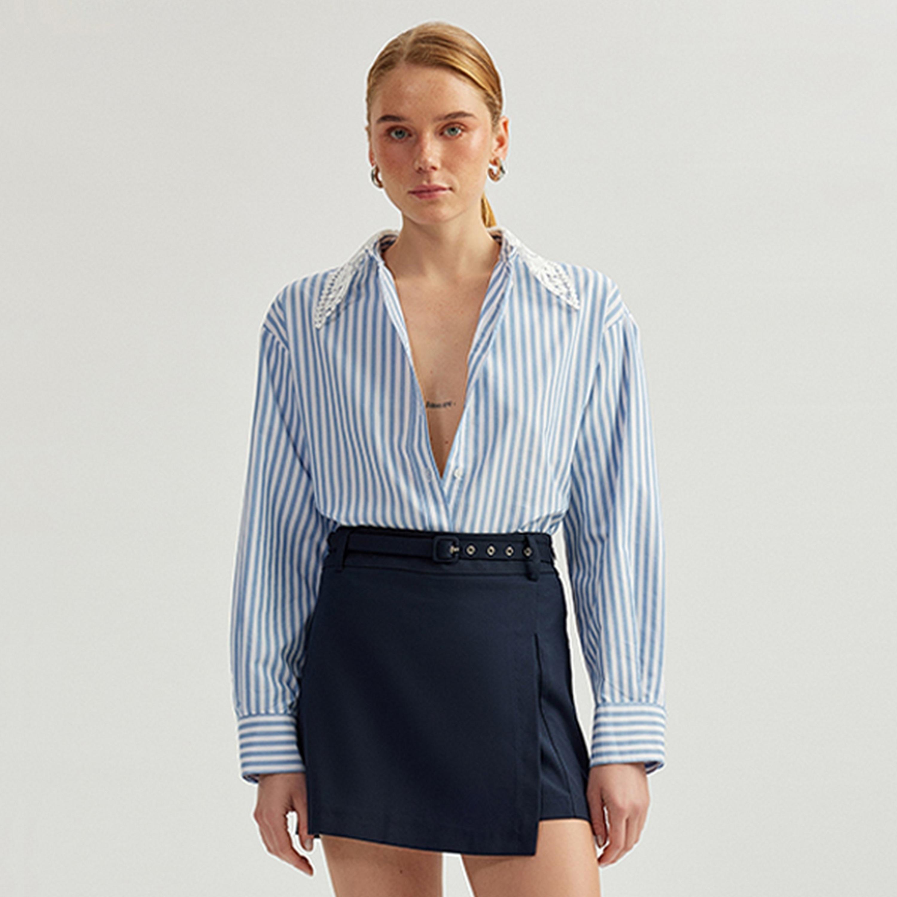 KOTON Blue Striped Collared Long Sleeves Women's Shirt-women-clothing-shirtsandblouses-shirts-image-1