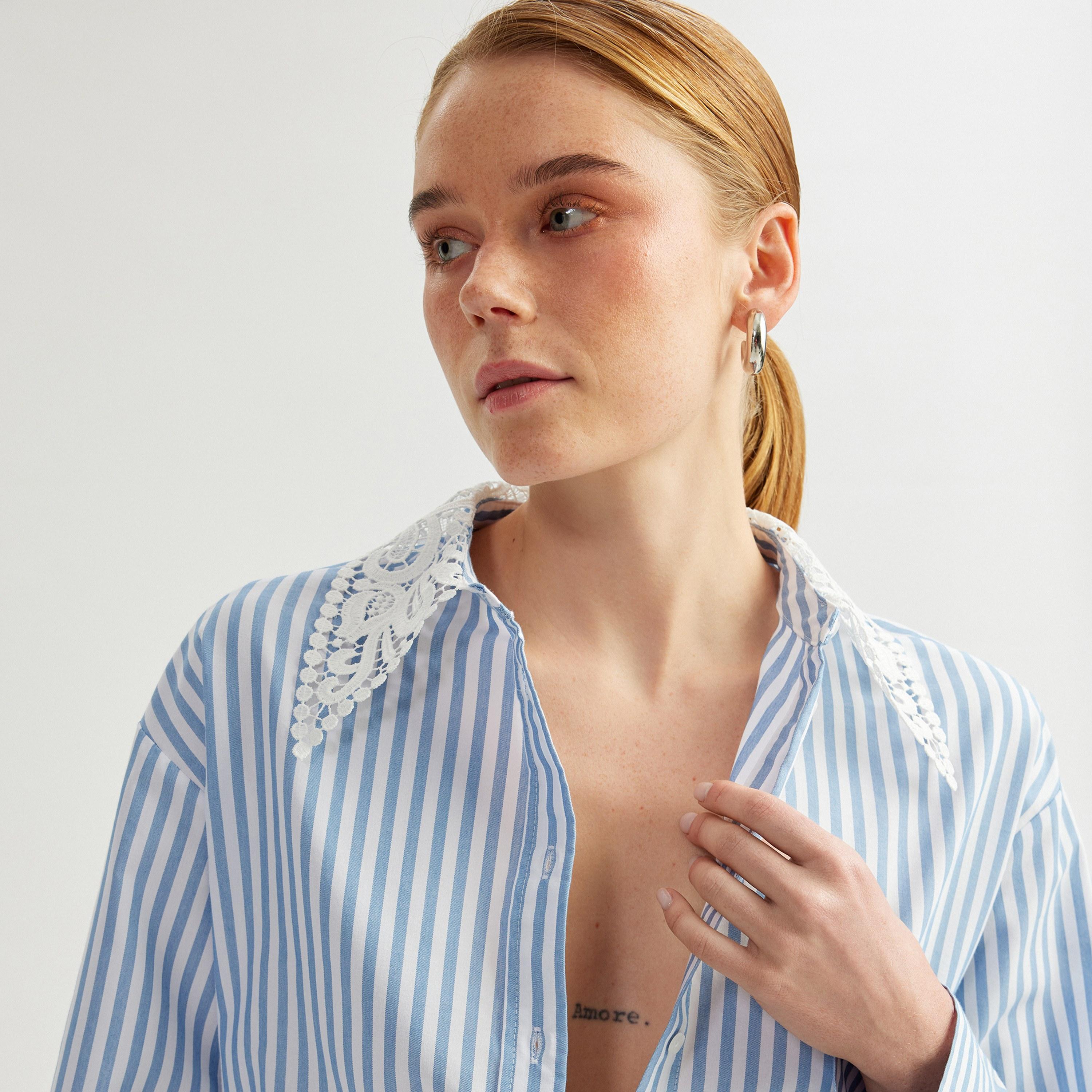 KOTON Blue Striped Collared Long Sleeves Women's Shirt-women-clothing-shirtsandblouses-shirts-image-3