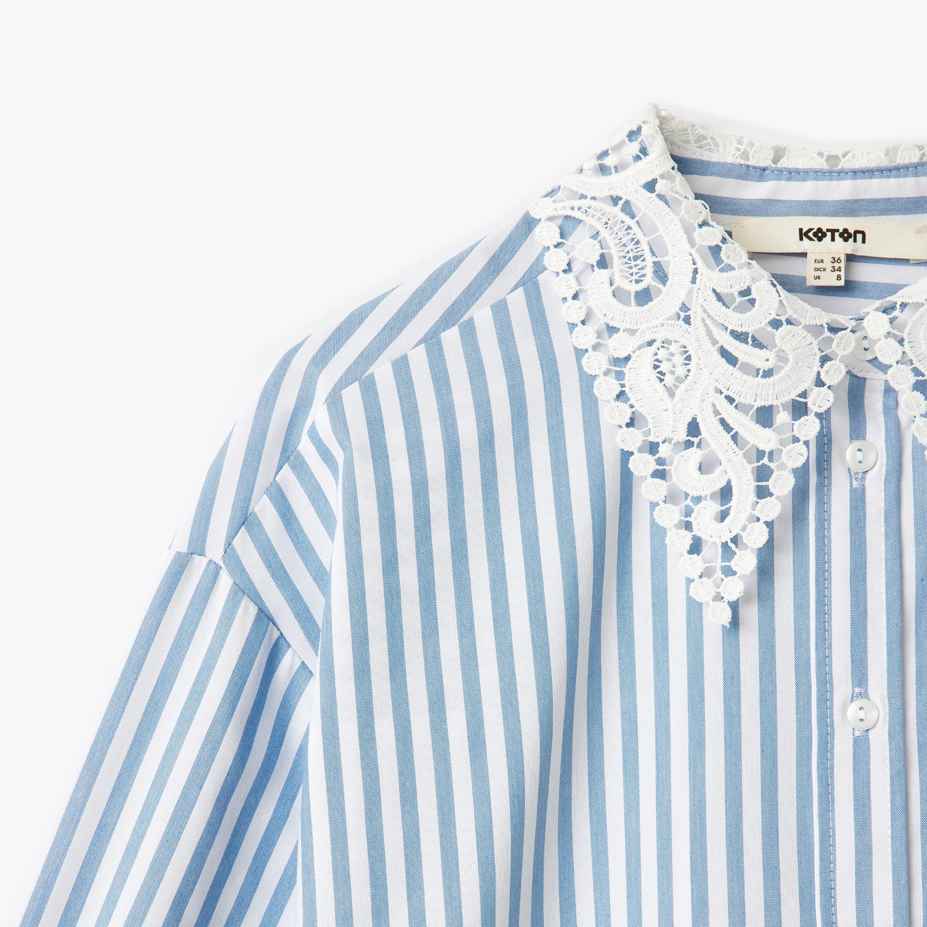 KOTON Blue Striped Collared Long Sleeves Women's Shirt-women-clothing-shirtsandblouses-shirts-image-4