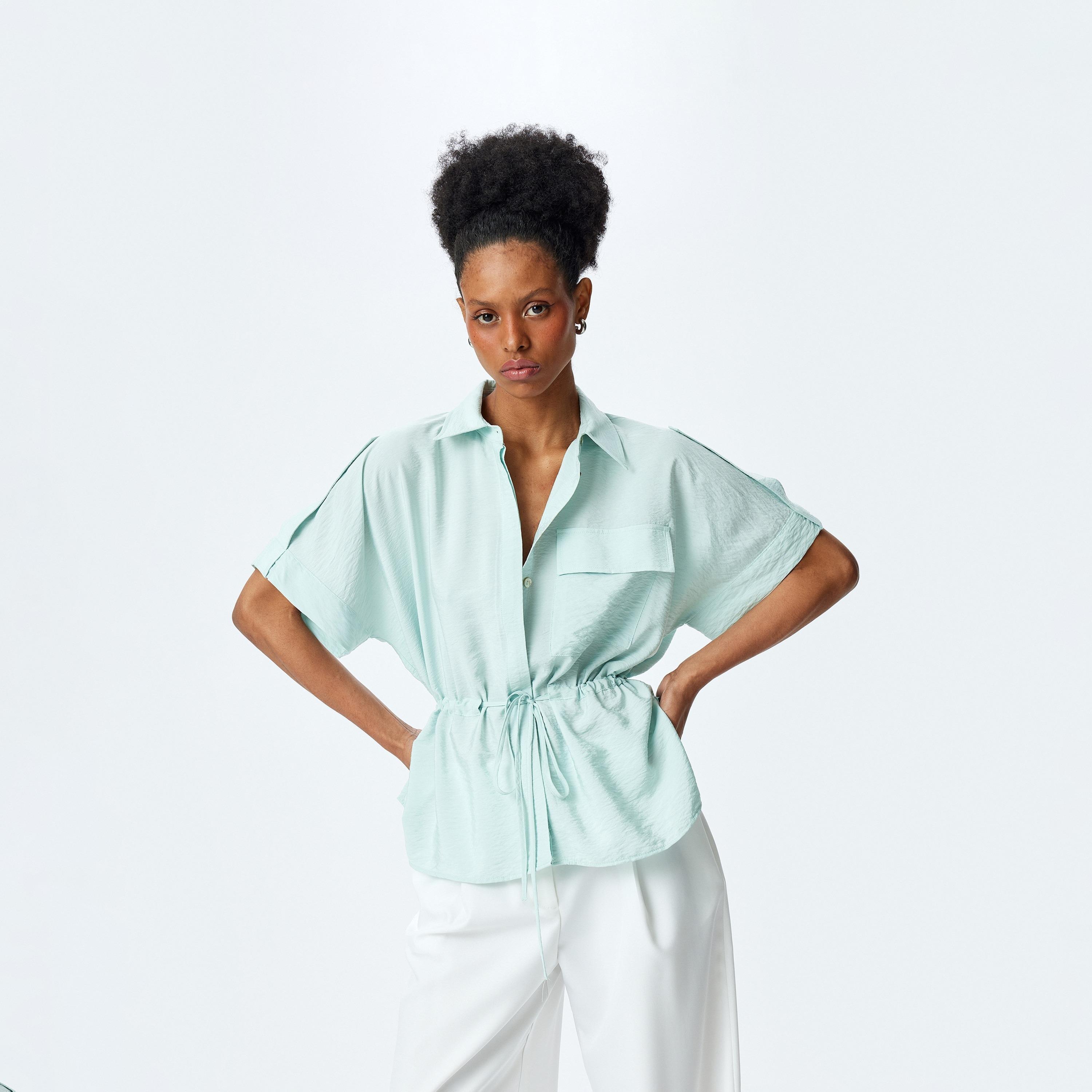 Koton Green Plain Spread Collar Short Sleeves Women's Shirt-women-clothing-shirtsandblouses-shirts-image-1