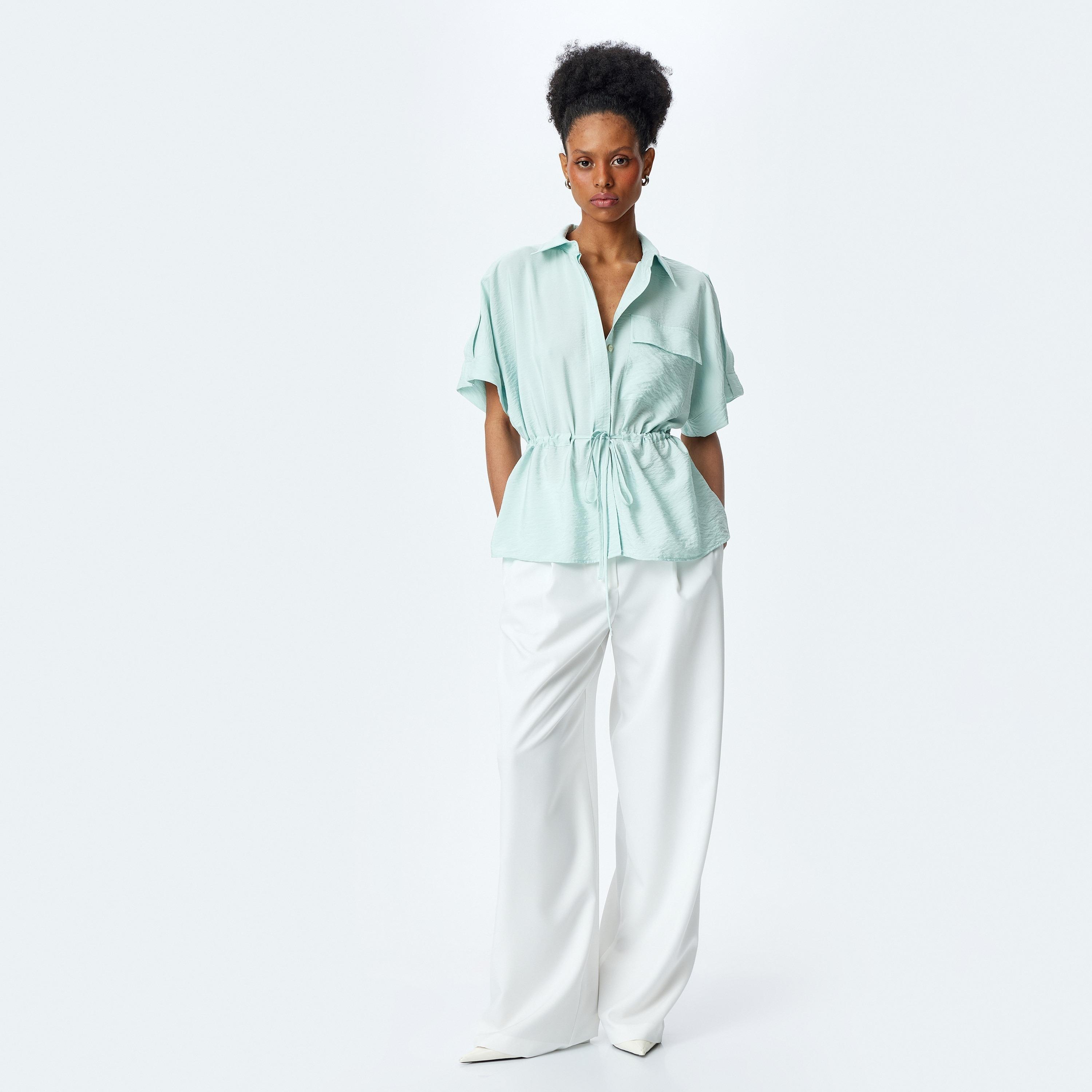 Koton Green Plain Spread Collar Short Sleeves Women's Shirt-women-clothing-shirtsandblouses-shirts-image-2