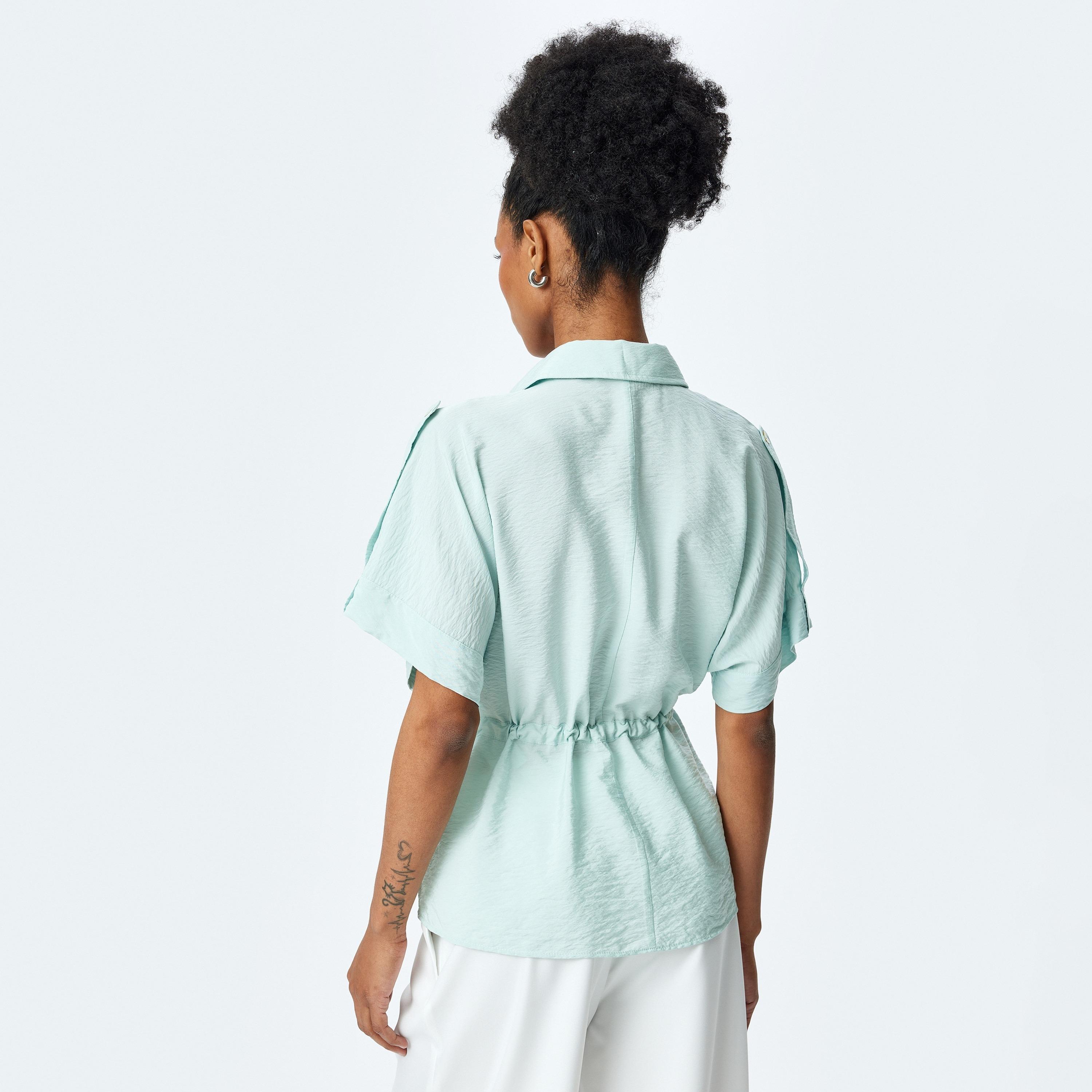 Koton Green Plain Spread Collar Short Sleeves Women's Shirt-women-clothing-shirtsandblouses-shirts-image-3