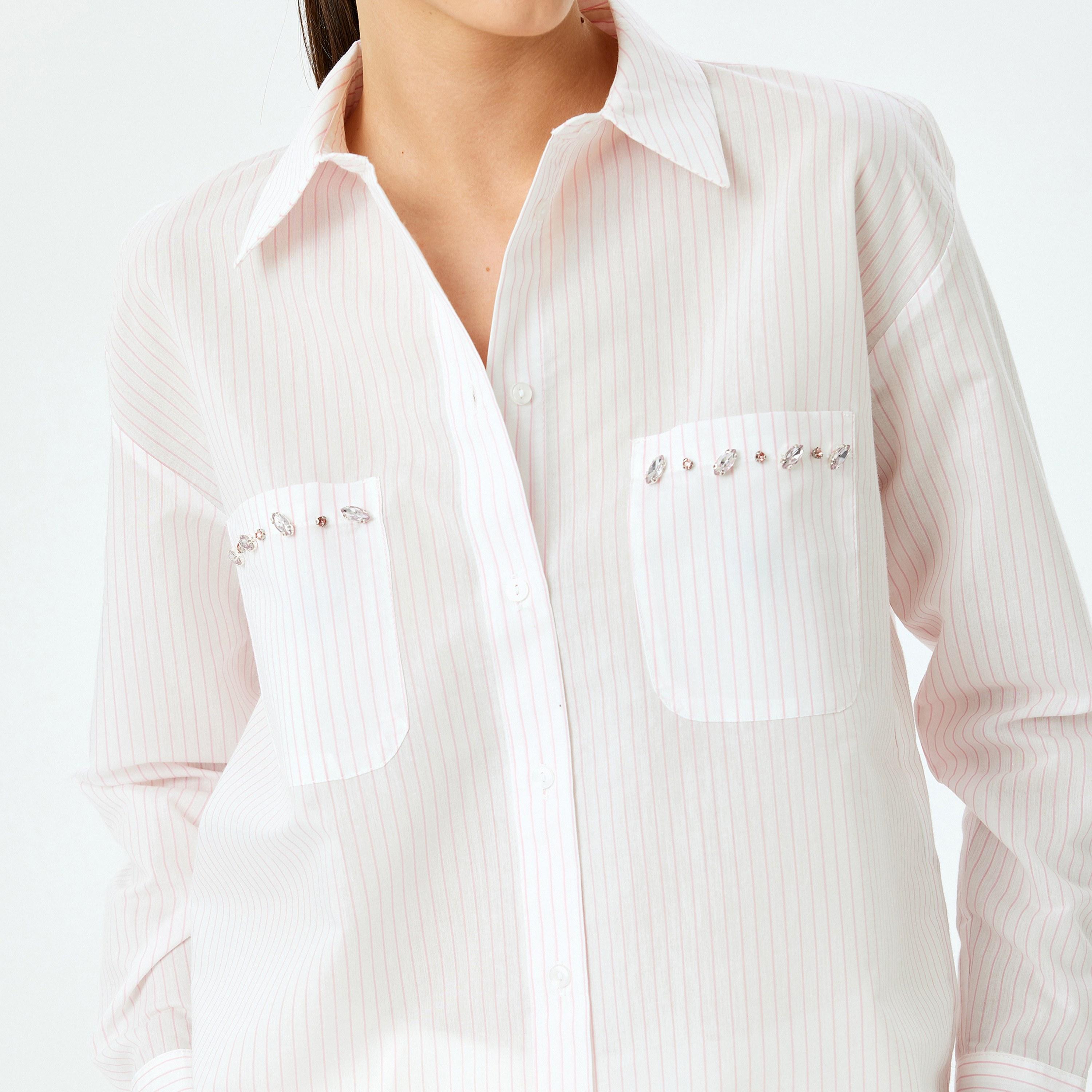 قميص نسائي بأكمام طويلة وياقة مخططة باللون الوردي من كوتون.-women-clothing-shirtsandblouses-shirts-image-4