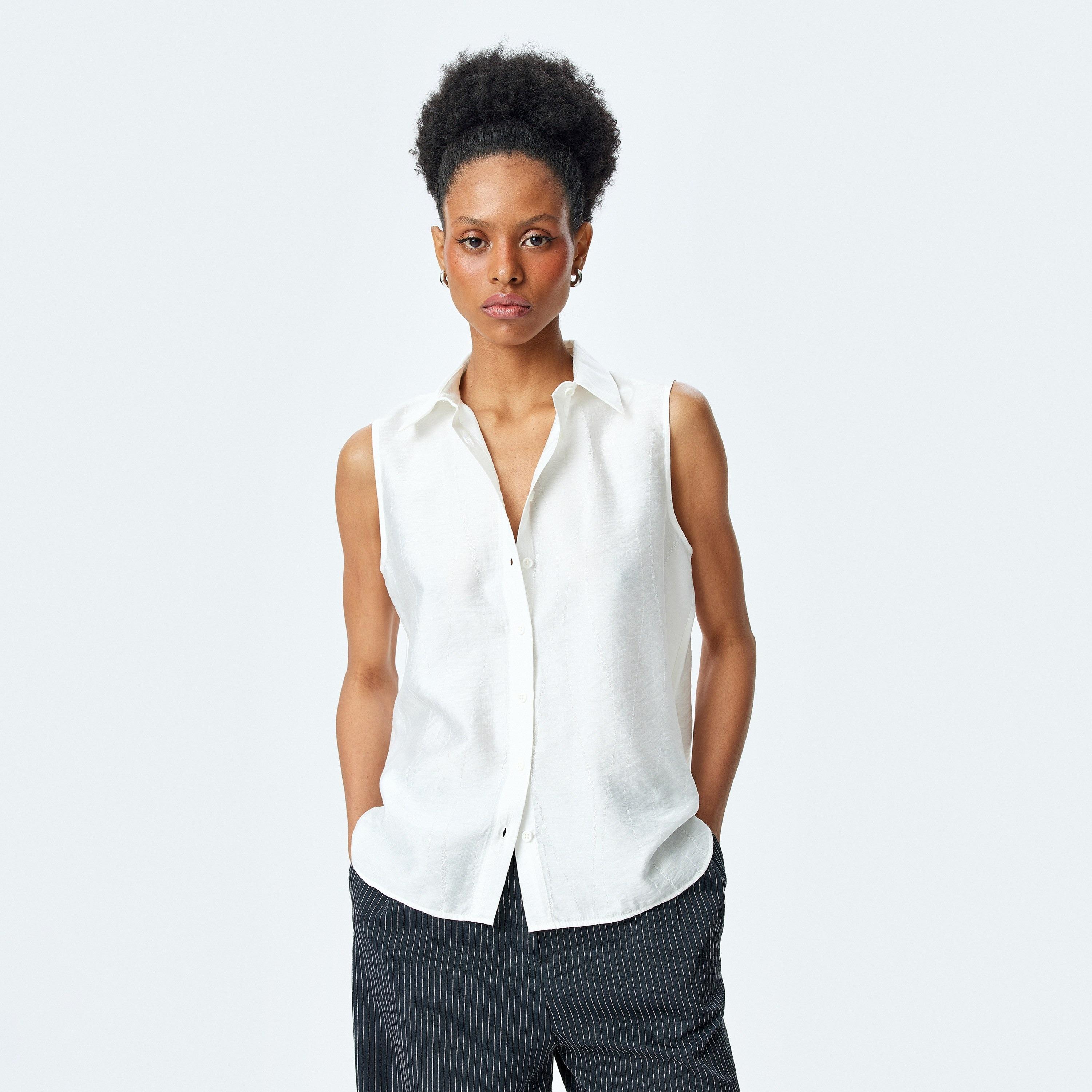 Koton White Plain Spread Collar Sleeveless Women's Shirt-women-clothing-shirtsandblouses-shirts-image-1