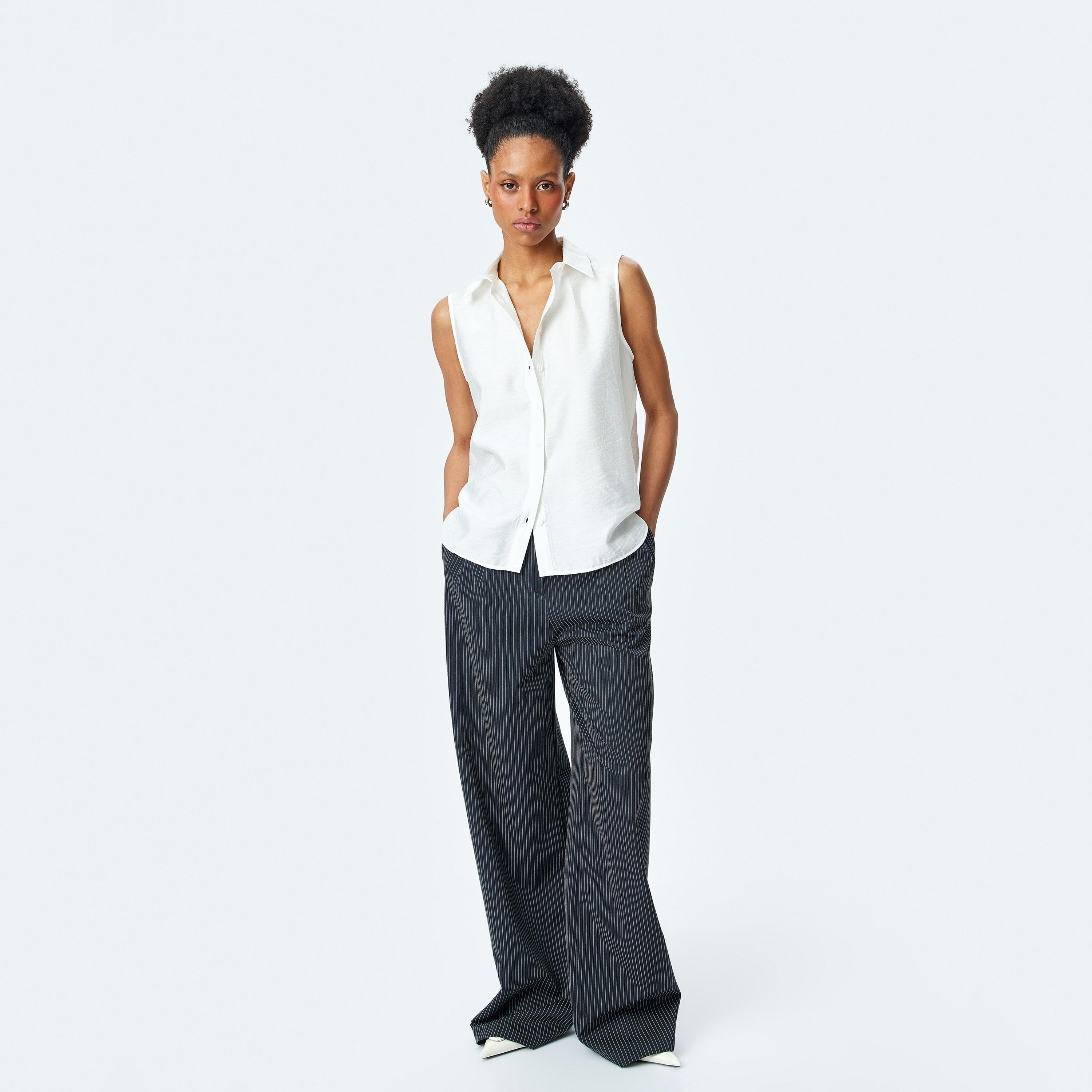Koton White Plain Spread Collar Sleeveless Women's Shirt-women-clothing-shirtsandblouses-shirts-image-2