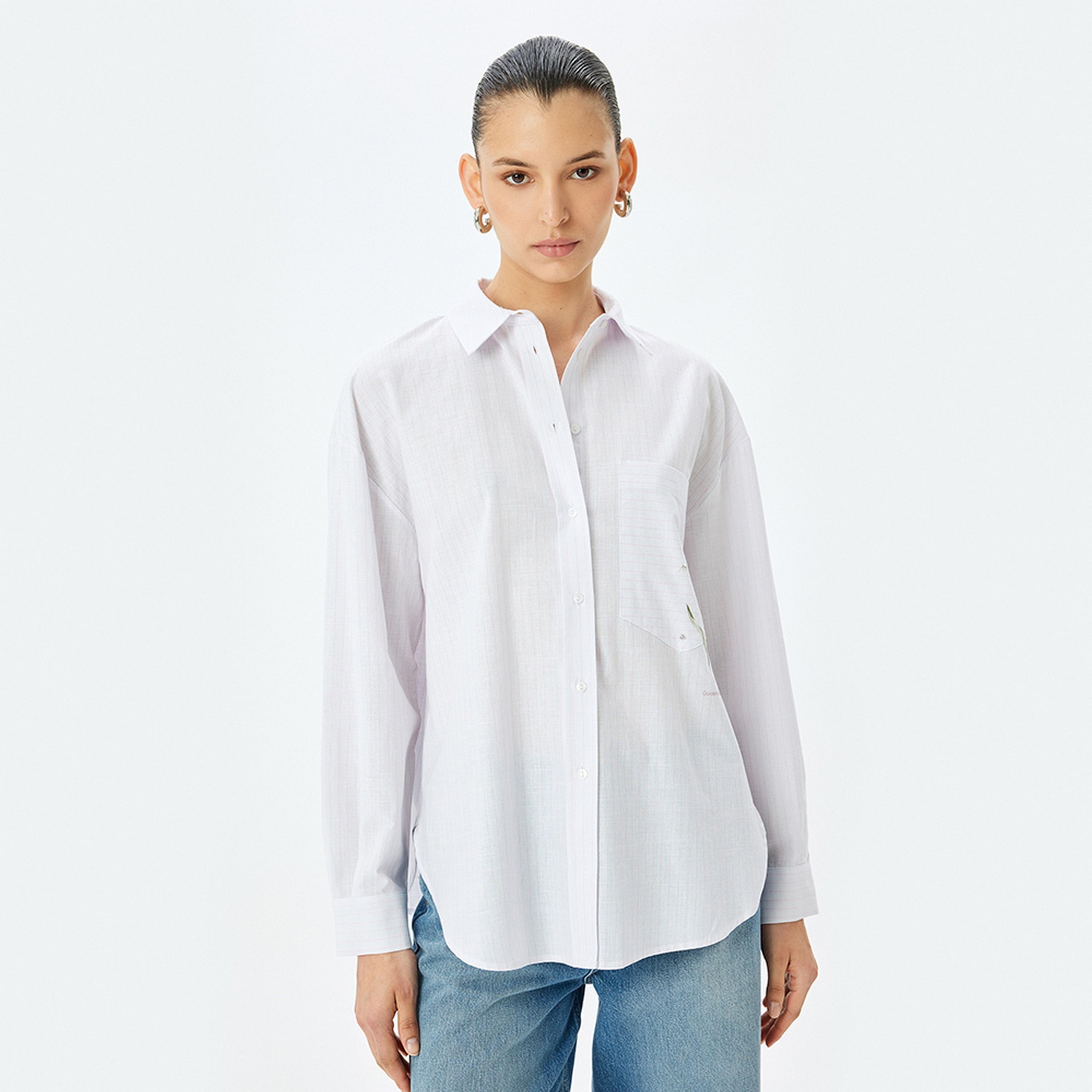 KOTON White Striped Collared Long Sleeves Women's Shirt-women-clothing-shirtsandblouses-shirts-image-1