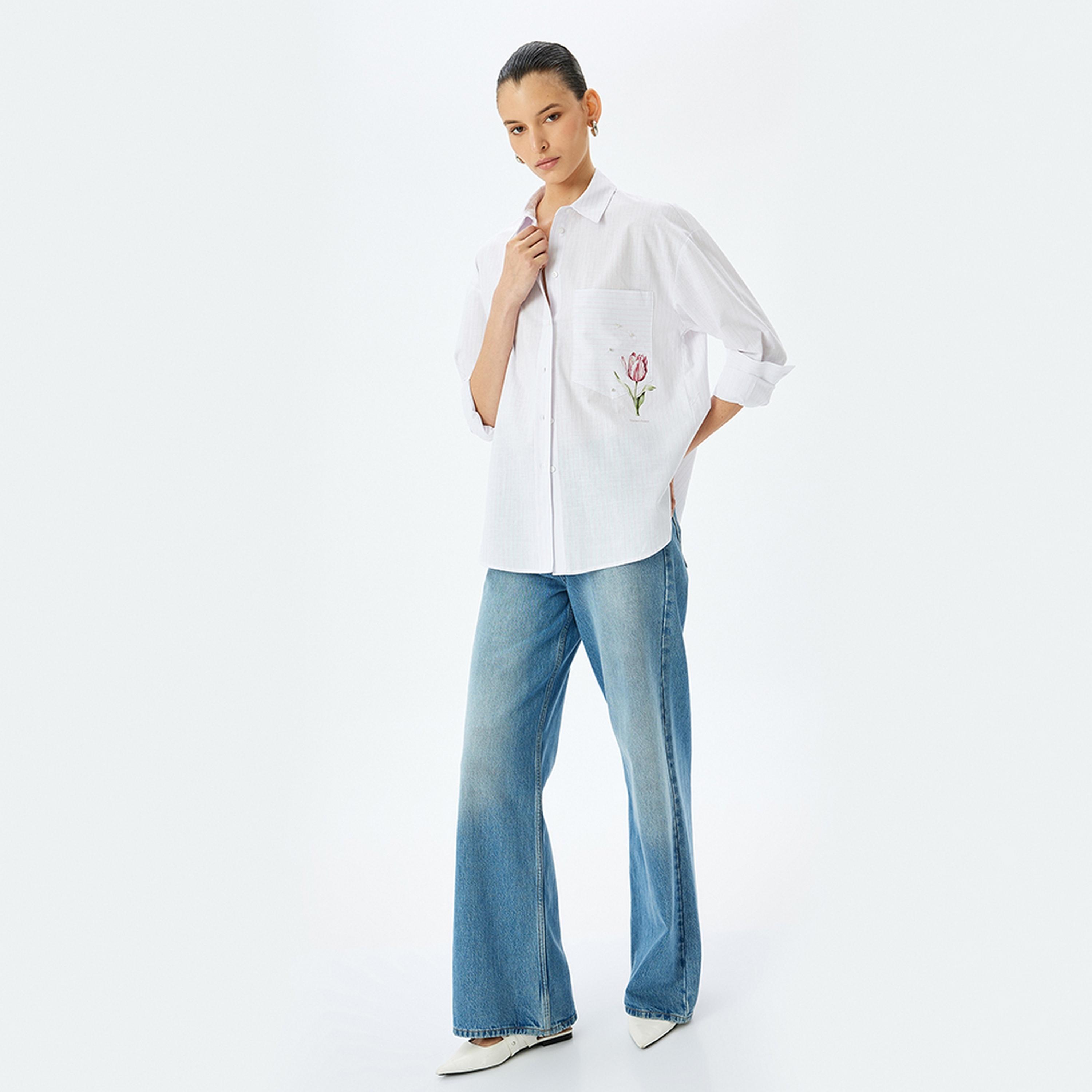 KOTON White Striped Collared Long Sleeves Women's Shirt-women-clothing-shirtsandblouses-shirts-image-2