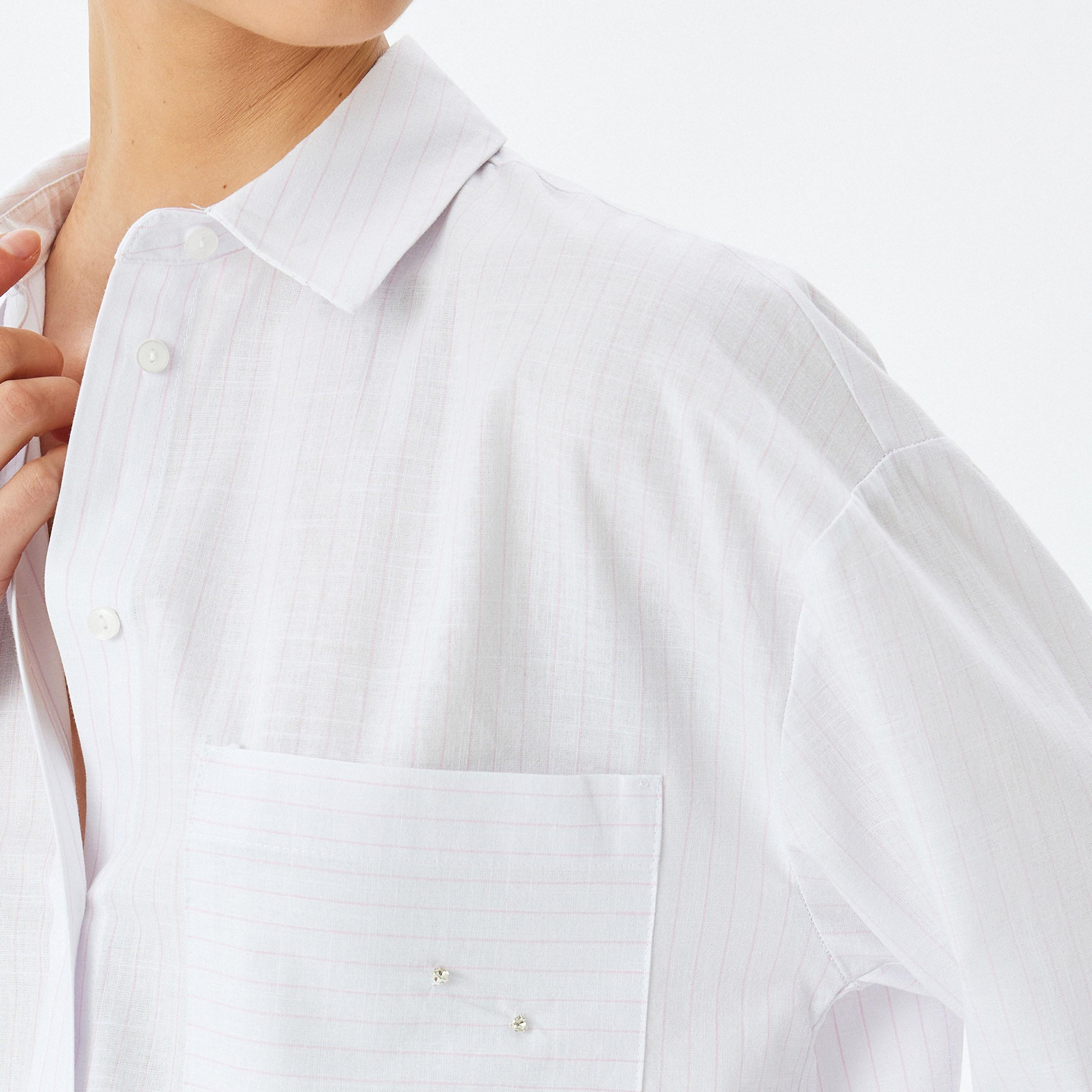 KOTON White Striped Collared Long Sleeves Women's Shirt-women-clothing-shirtsandblouses-shirts-image-4