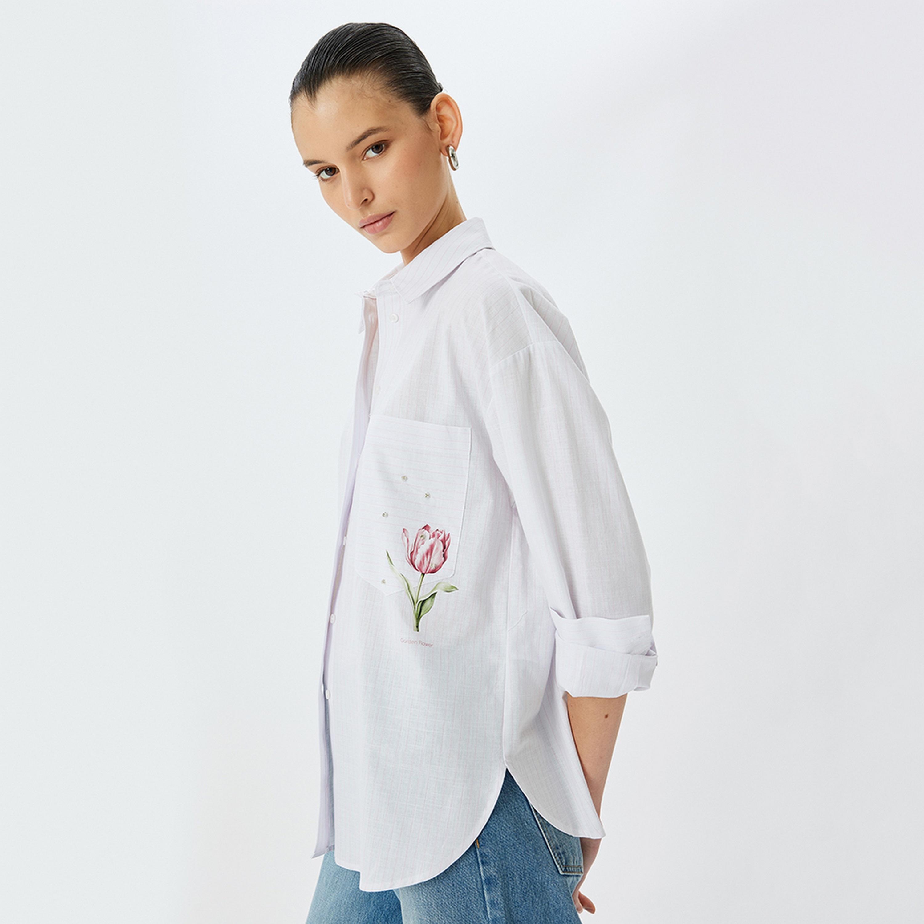 KOTON White Striped Collared Long Sleeves Women's Shirt-women-clothing-shirtsandblouses-shirts-image-5