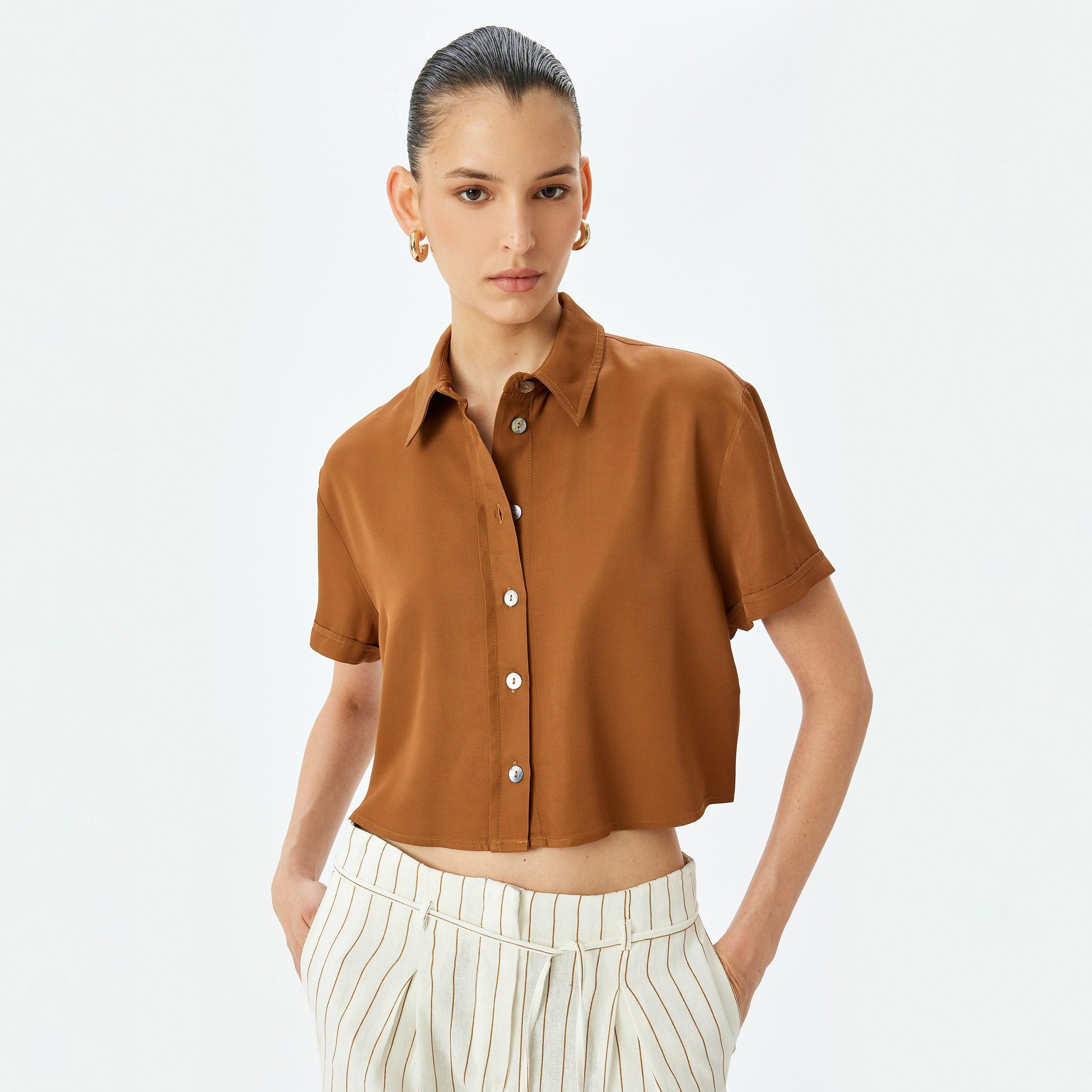 Koton Brown Plain Spread Collar Short Sleeves Women's Shirt-women-clothing-shirtsandblouses-shirts-image-1