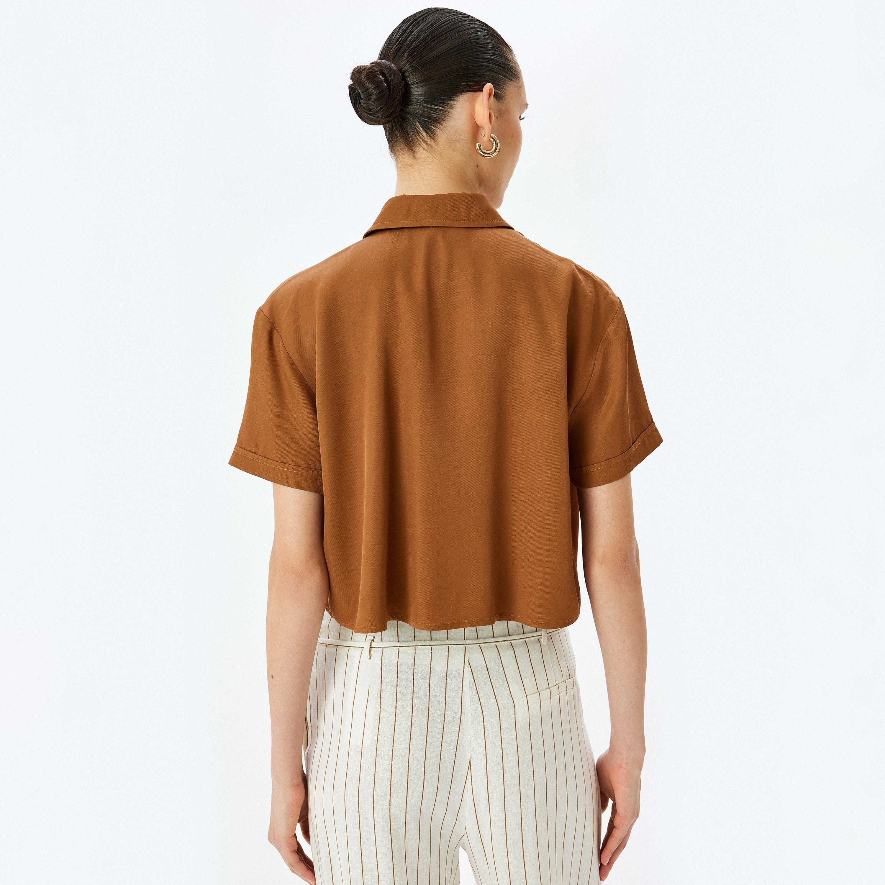 Koton Brown Plain Spread Collar Short Sleeves Women's Shirt-women-clothing-shirtsandblouses-shirts-image-2