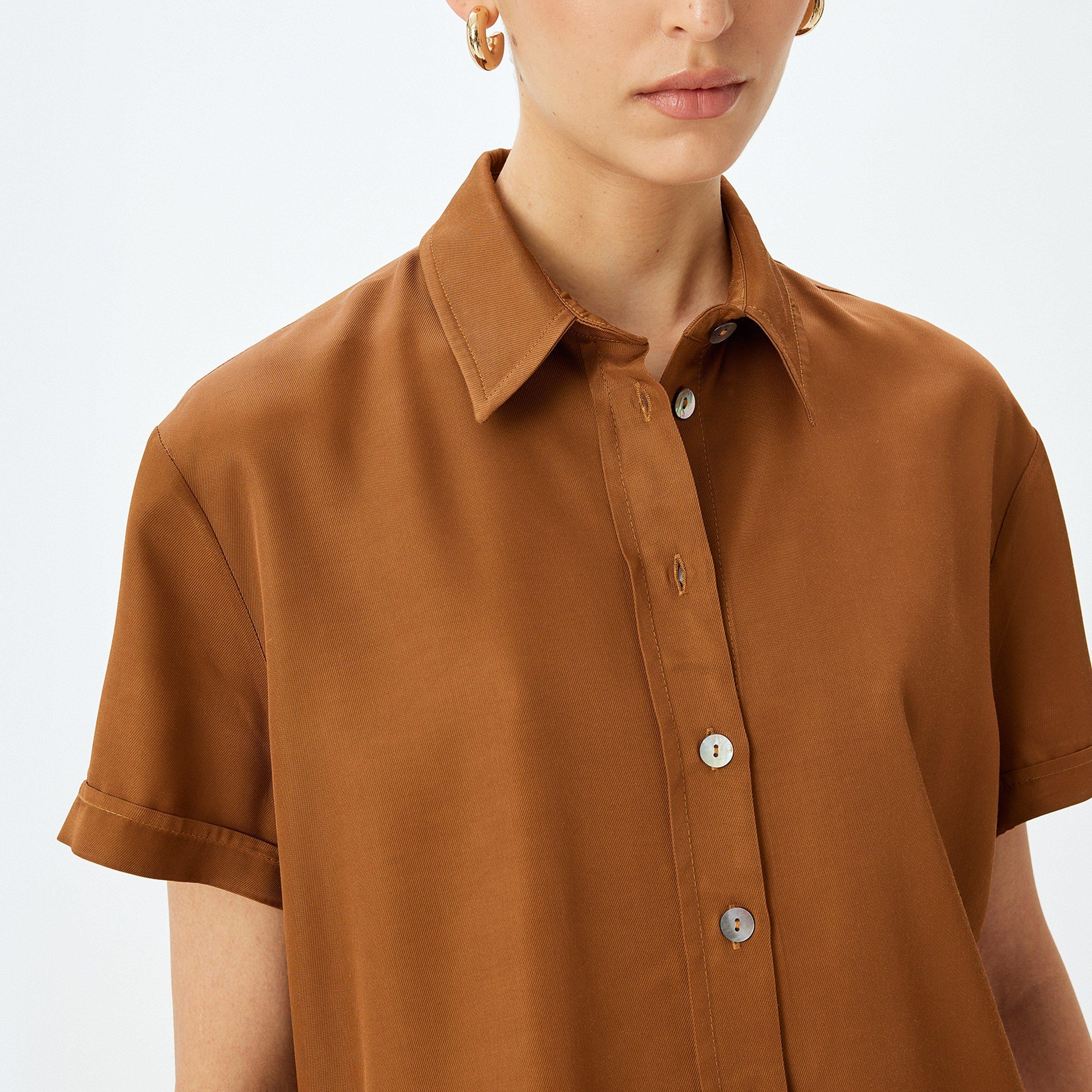 Koton Brown Plain Spread Collar Short Sleeves Women's Shirt-women-clothing-shirtsandblouses-shirts-image-3