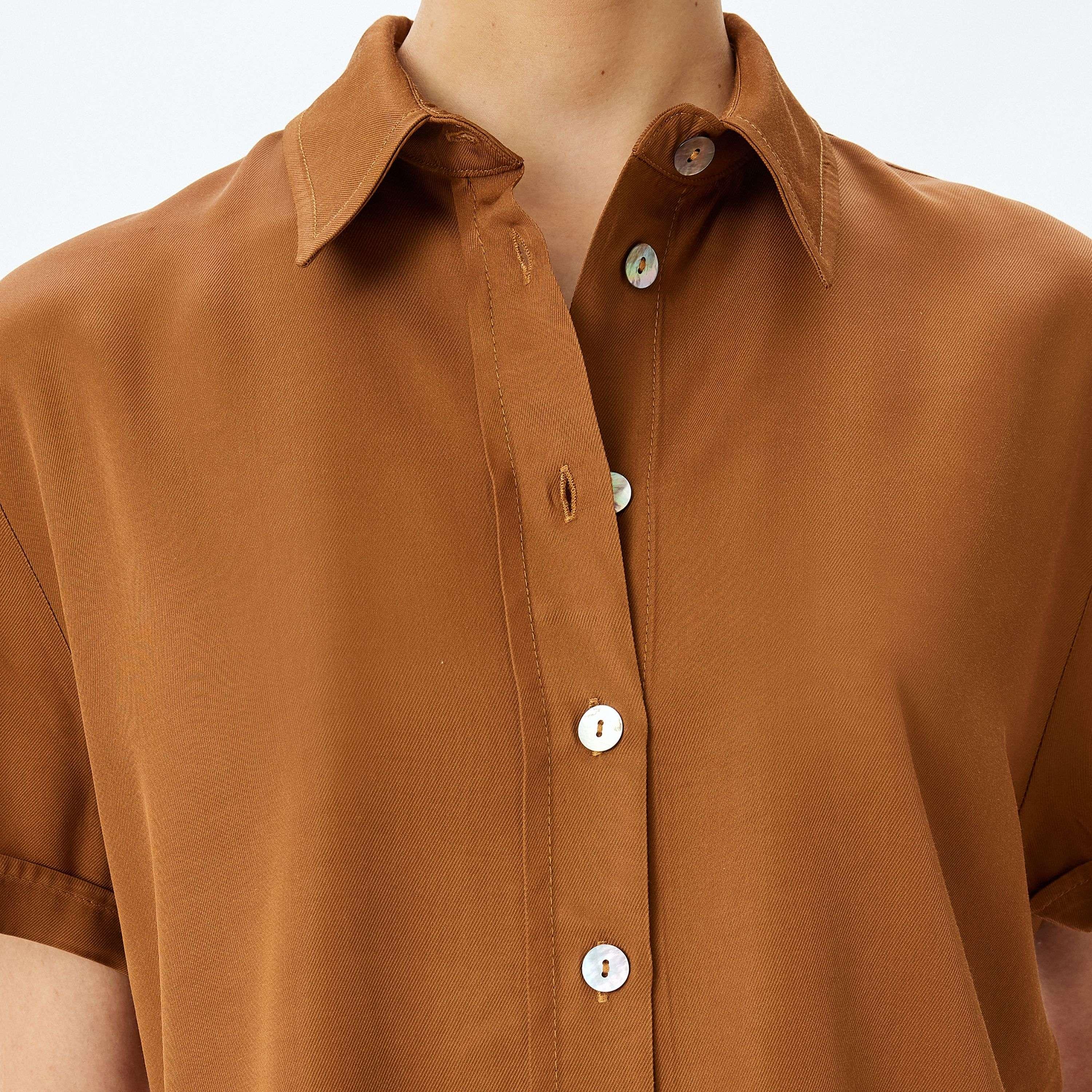 Koton Brown Plain Spread Collar Short Sleeves Women's Shirt-women-clothing-shirtsandblouses-shirts-image-4
