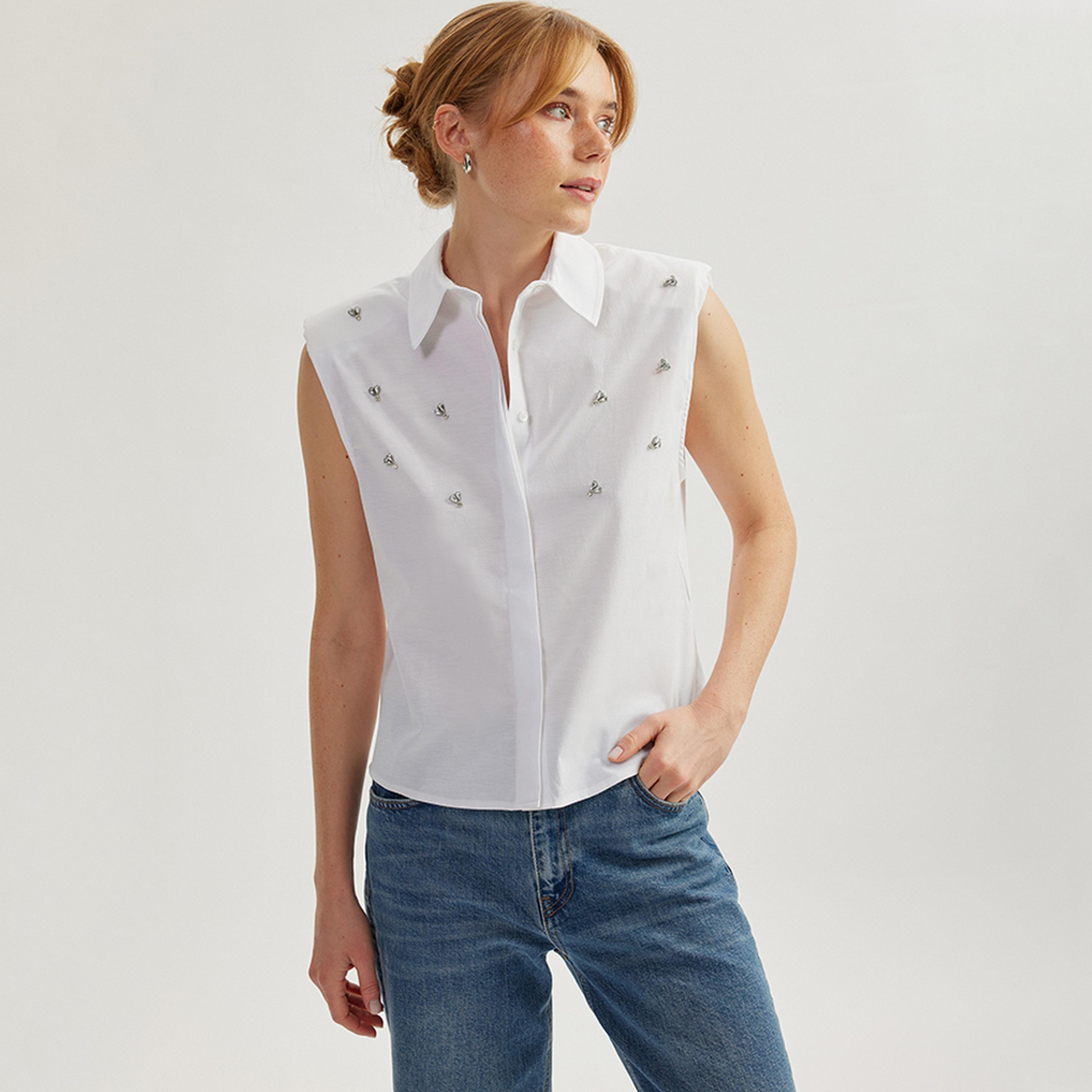 KOTON White Crystal Work Collared Sleeveless Women's Shirt-women-clothing-shirtsandblouses-shirts-image-1