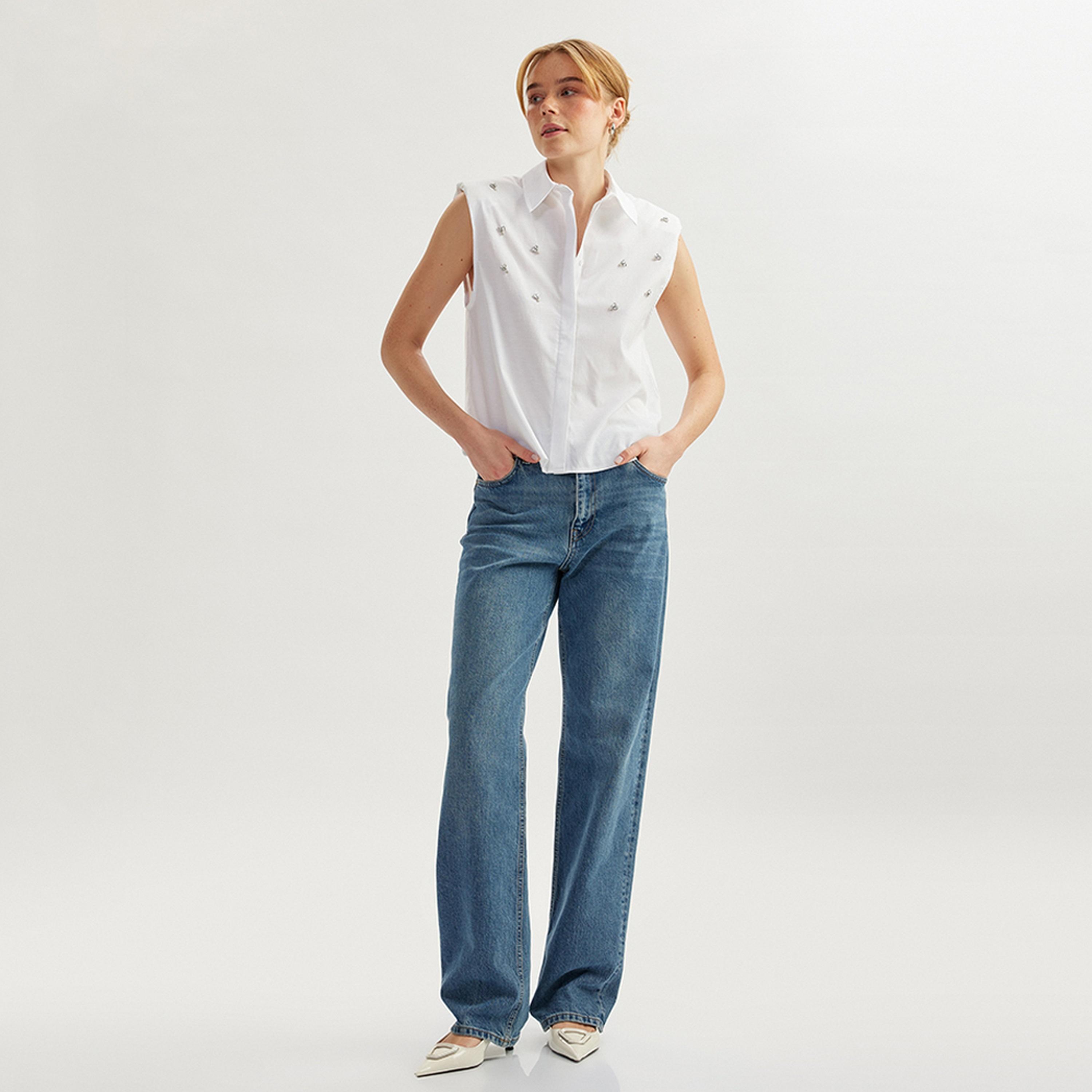 KOTON White Crystal Work Collared Sleeveless Women's Shirt-women-clothing-shirtsandblouses-shirts-image-2
