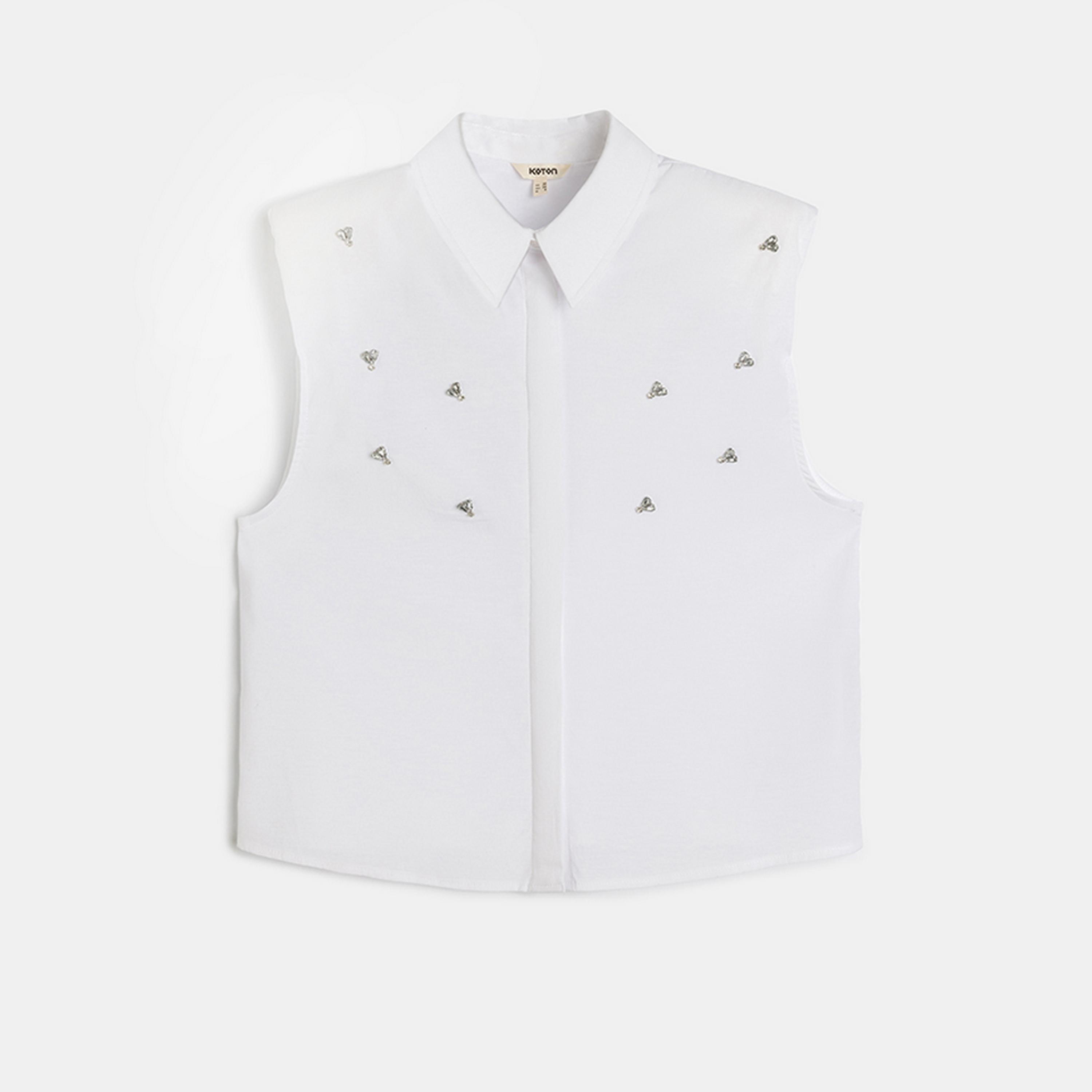 KOTON White Crystal Work Collared Sleeveless Women's Shirt-women-clothing-shirtsandblouses-shirts-image-4