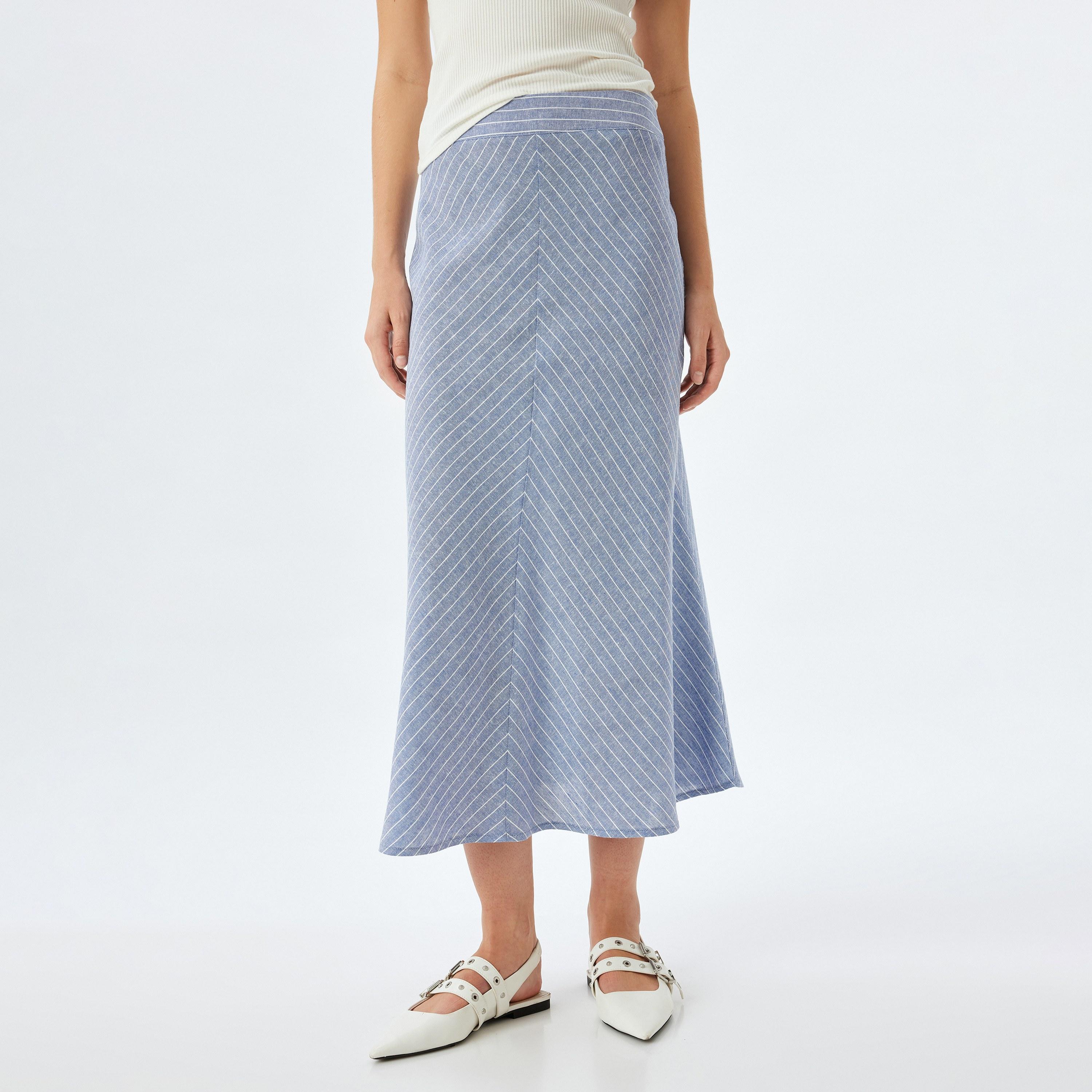 تنورة ميدي نسائية مخططة بسحاب مخفي من كوتون الأزرق-women-clothing-bottoms-skirts-image-1