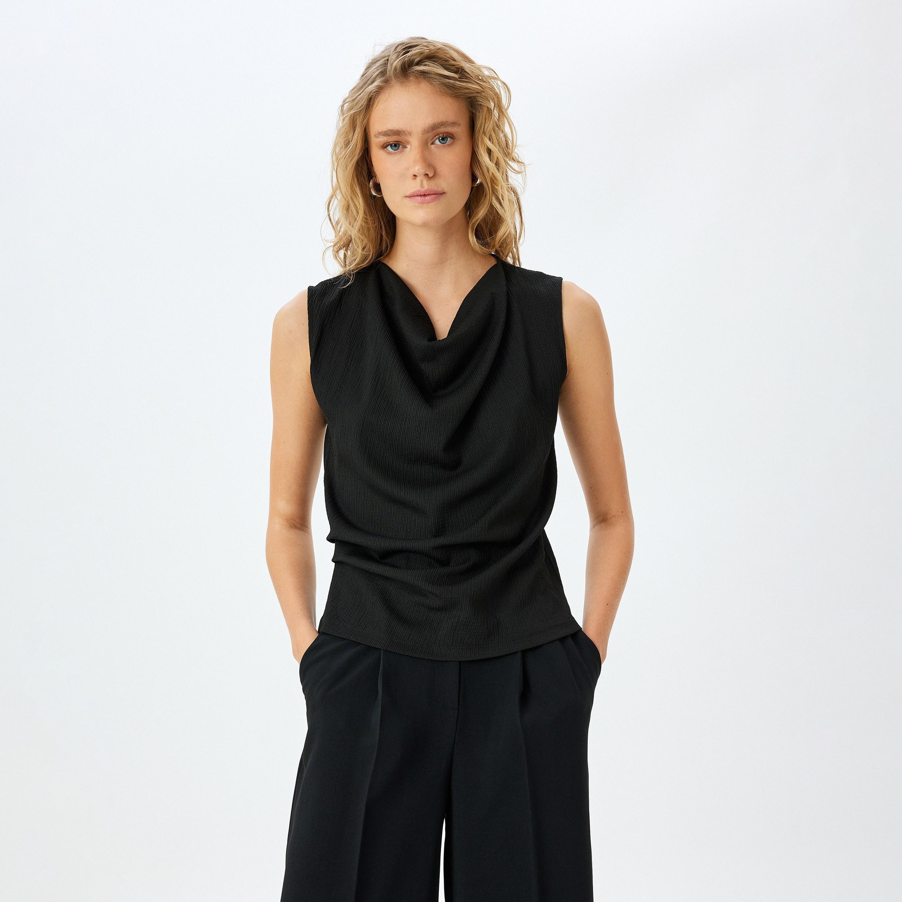 Koton Black Crinkled Cowl Neck Sleeveless Women's Top-women-clothing-shirtsandblouses-blouses-image-1
