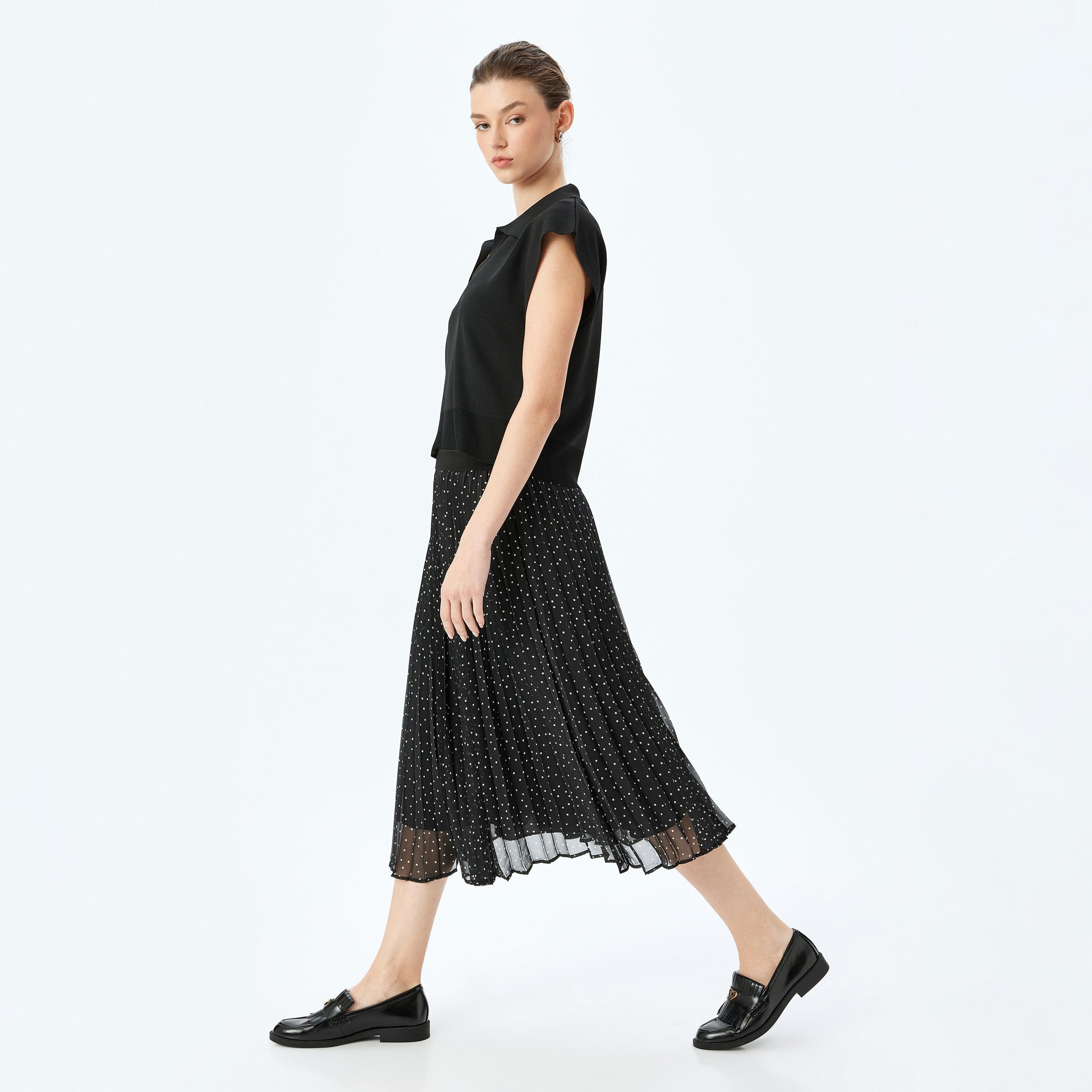 Koton Black Polka Dot Elasticated Waist Women's Midi Skirt-women-clothing-bottoms-skirts-image-2