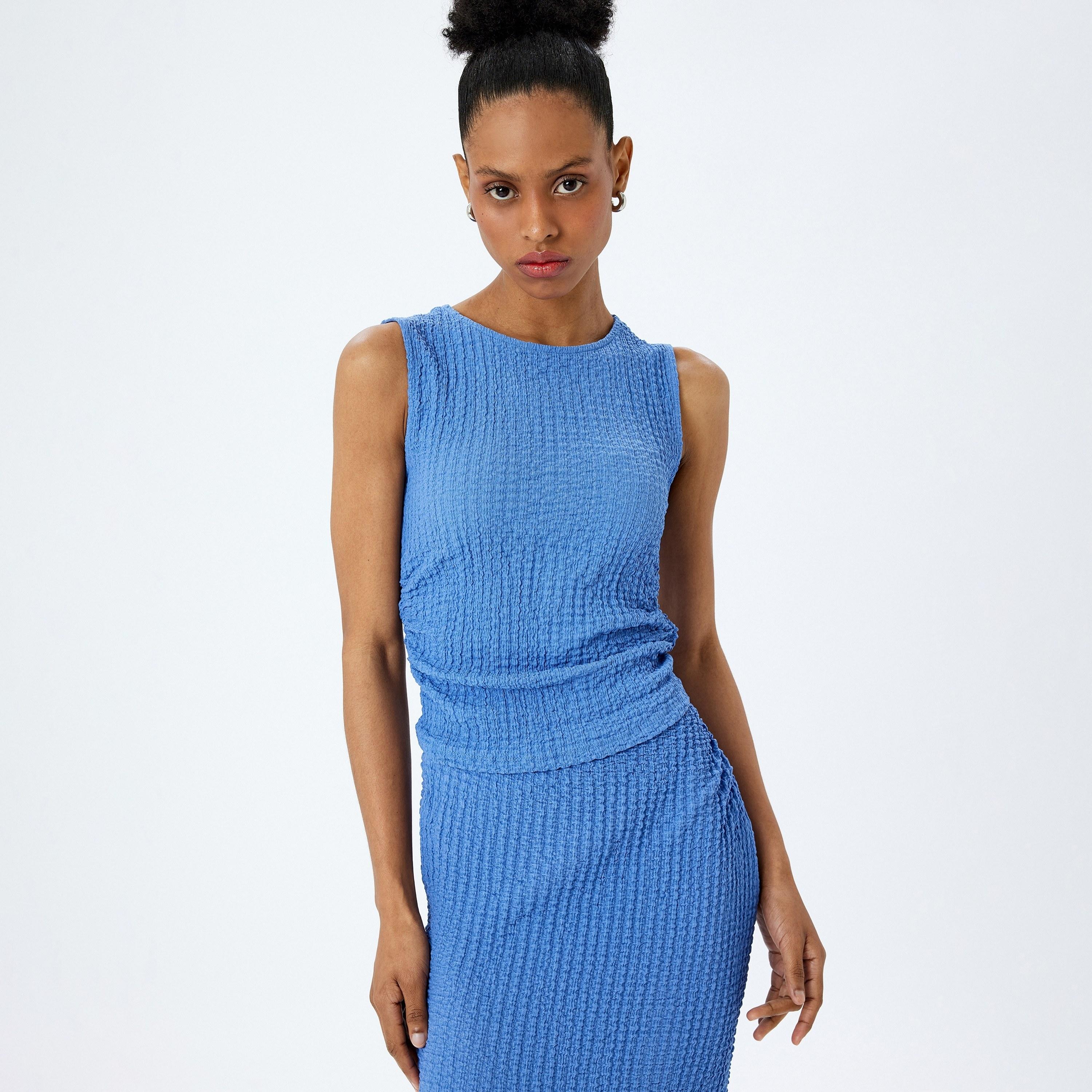 Koton Blue Crinkled Round Neck Sleeveless Women's Top-women-clothing-shirtsandblouses-blouses-image-1