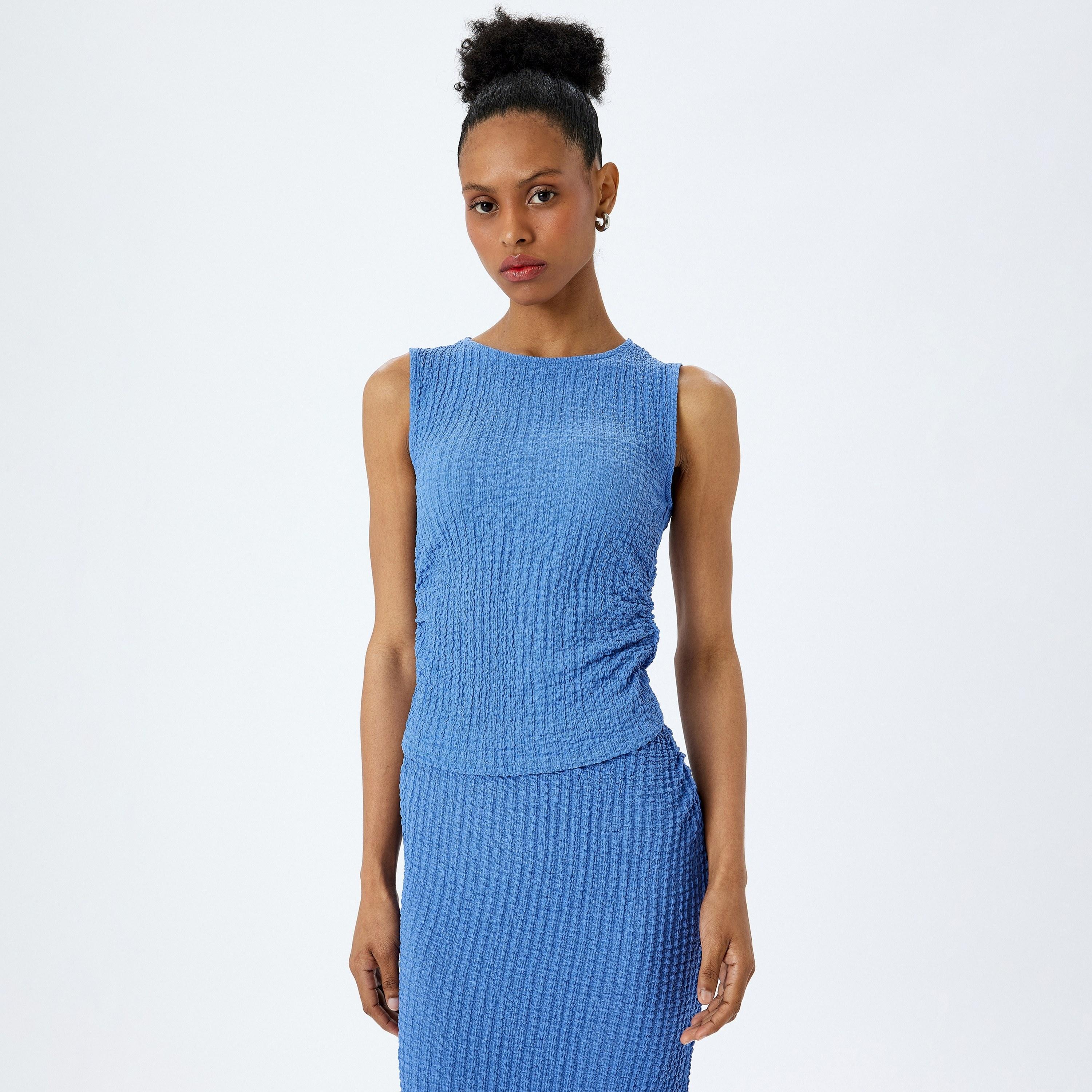 Koton Blue Crinkled Round Neck Sleeveless Women's Top-women-clothing-shirtsandblouses-blouses-image-2