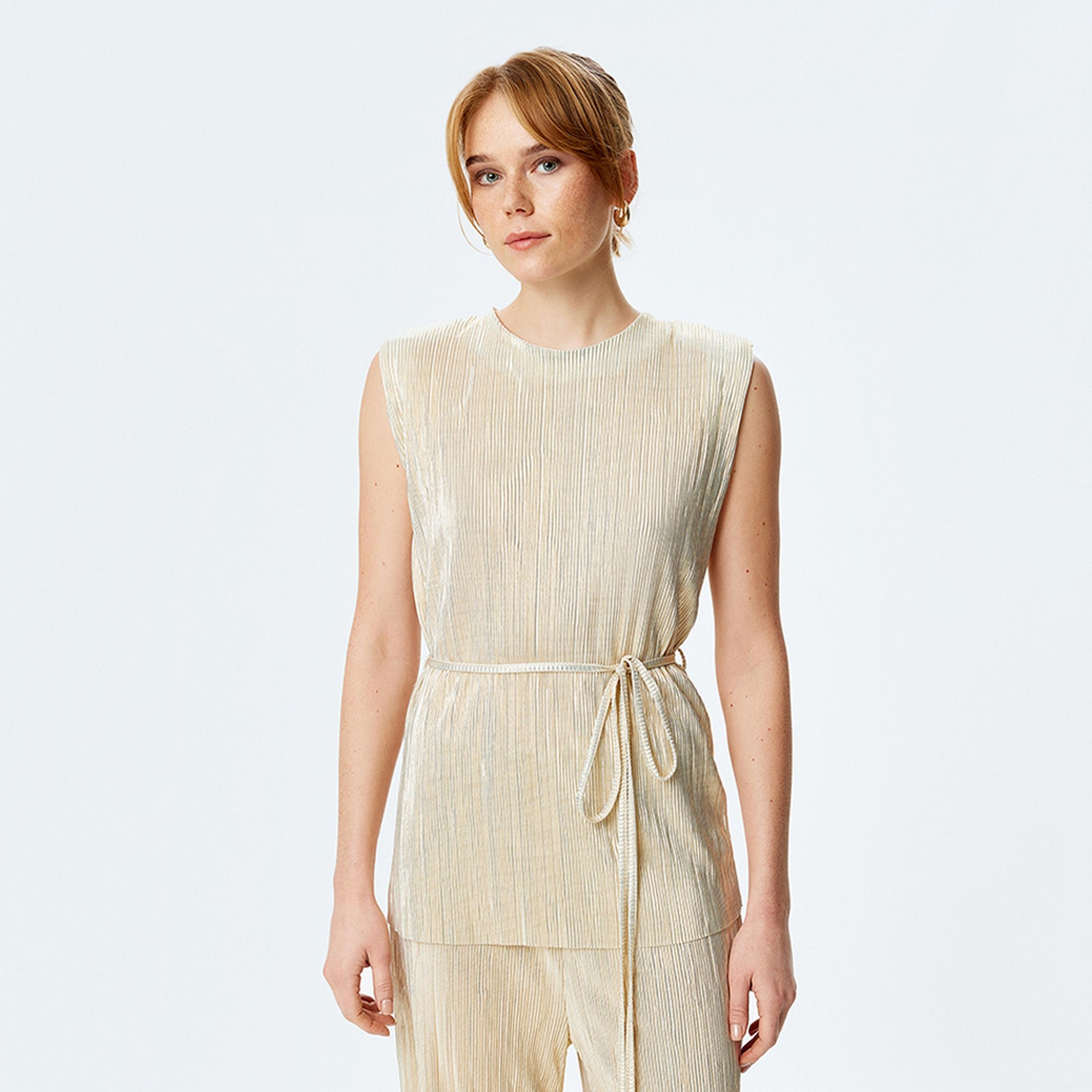 KOTON Gold Textured Round Neck Sleeveless Women's Top-women-clothing-shirtsandblouses-blouses-image-1