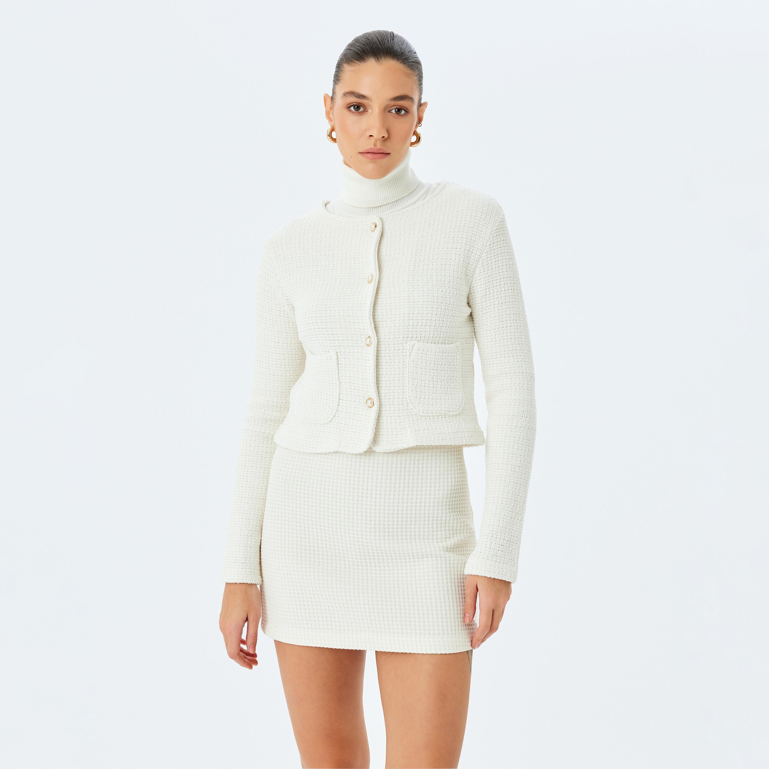 Koton White Tweed Concealed Zip Women's Pencil Mini Skirt-women-clothing-bottoms-skirts-image-2