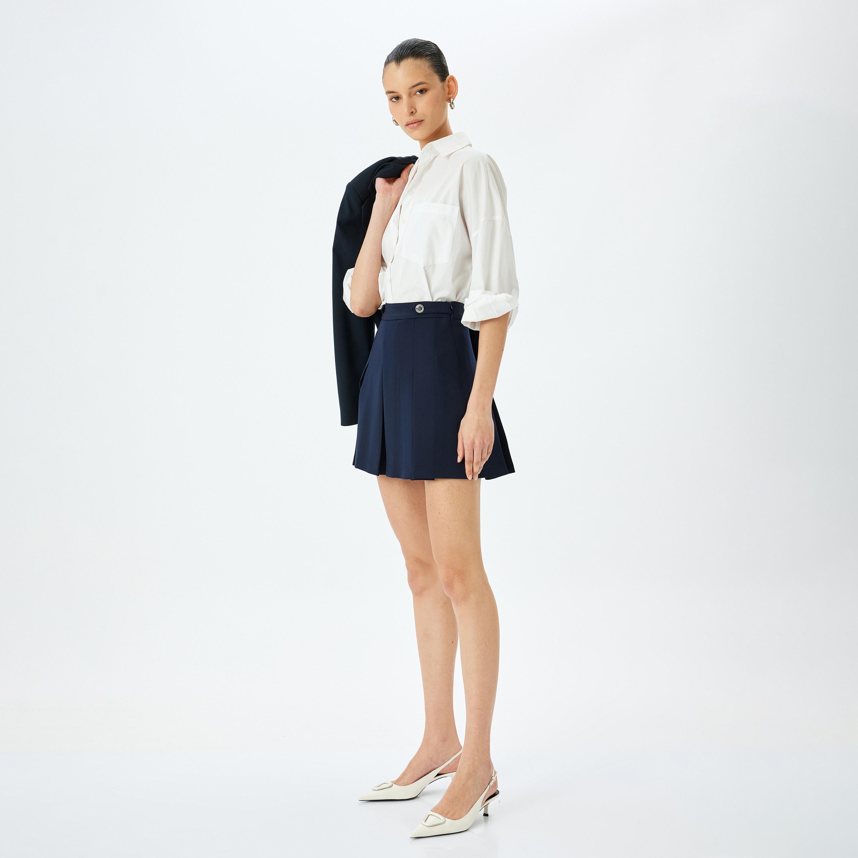 Koton Blue Pleated Concealed Zip Women's Mini Skirt-women-clothing-bottoms-skirts-image-2
