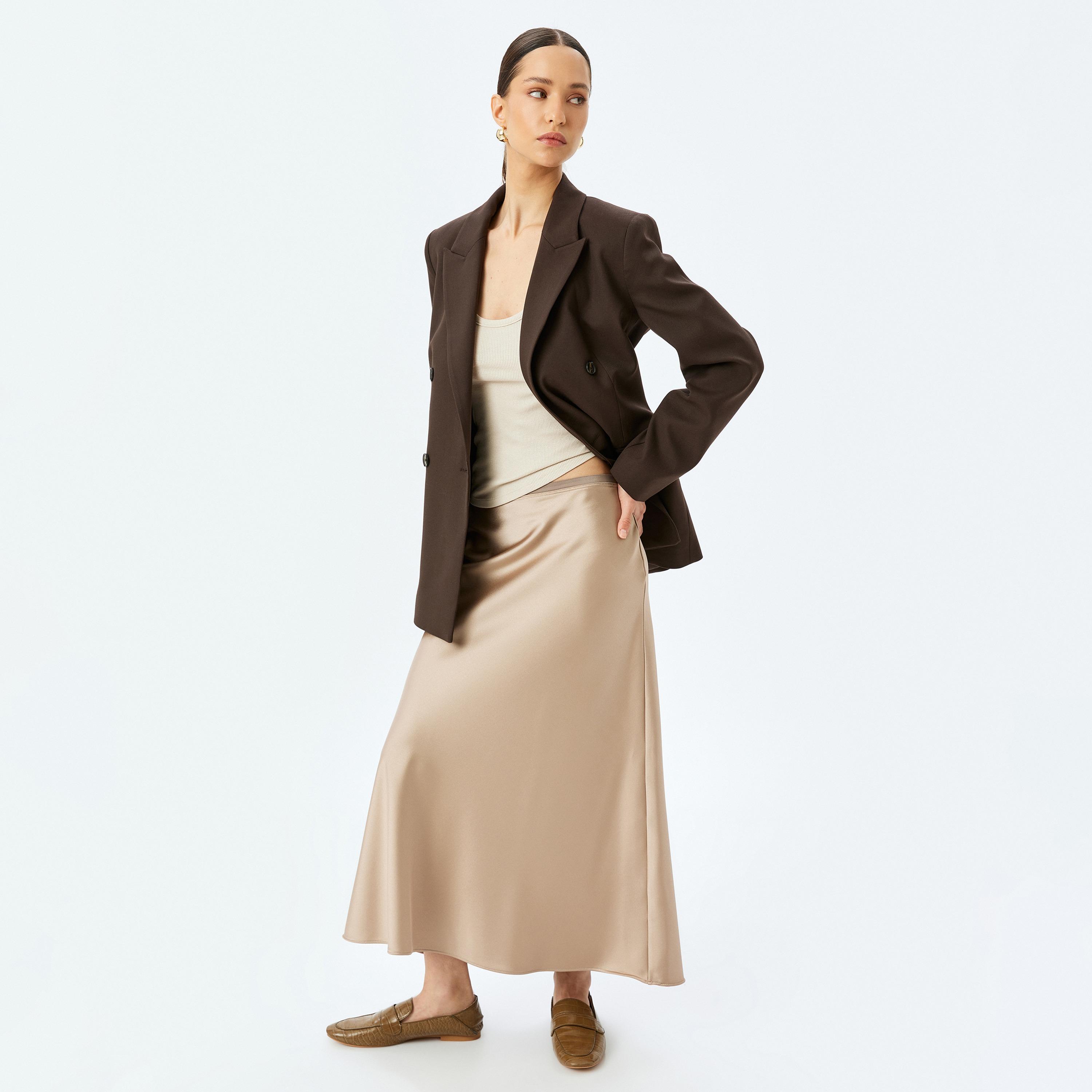 Koton Brown Plain Concealed Zip Women's Maxi Skirt-women-clothing-bottoms-skirts-image-2