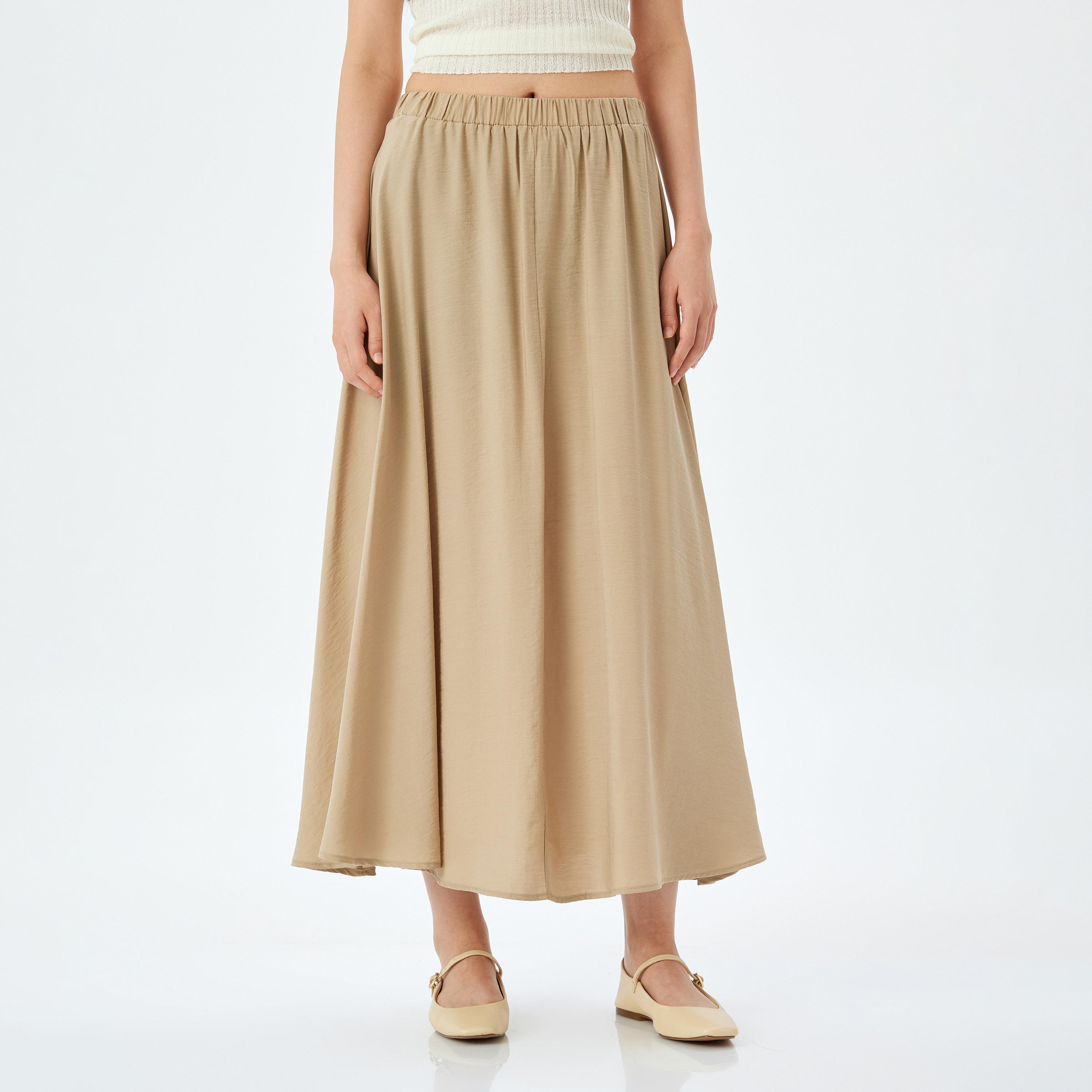 Koton Brown Plain Elasticated Waist Women's Flared Maxi Skirt-women-clothing-bottoms-skirts-image-1