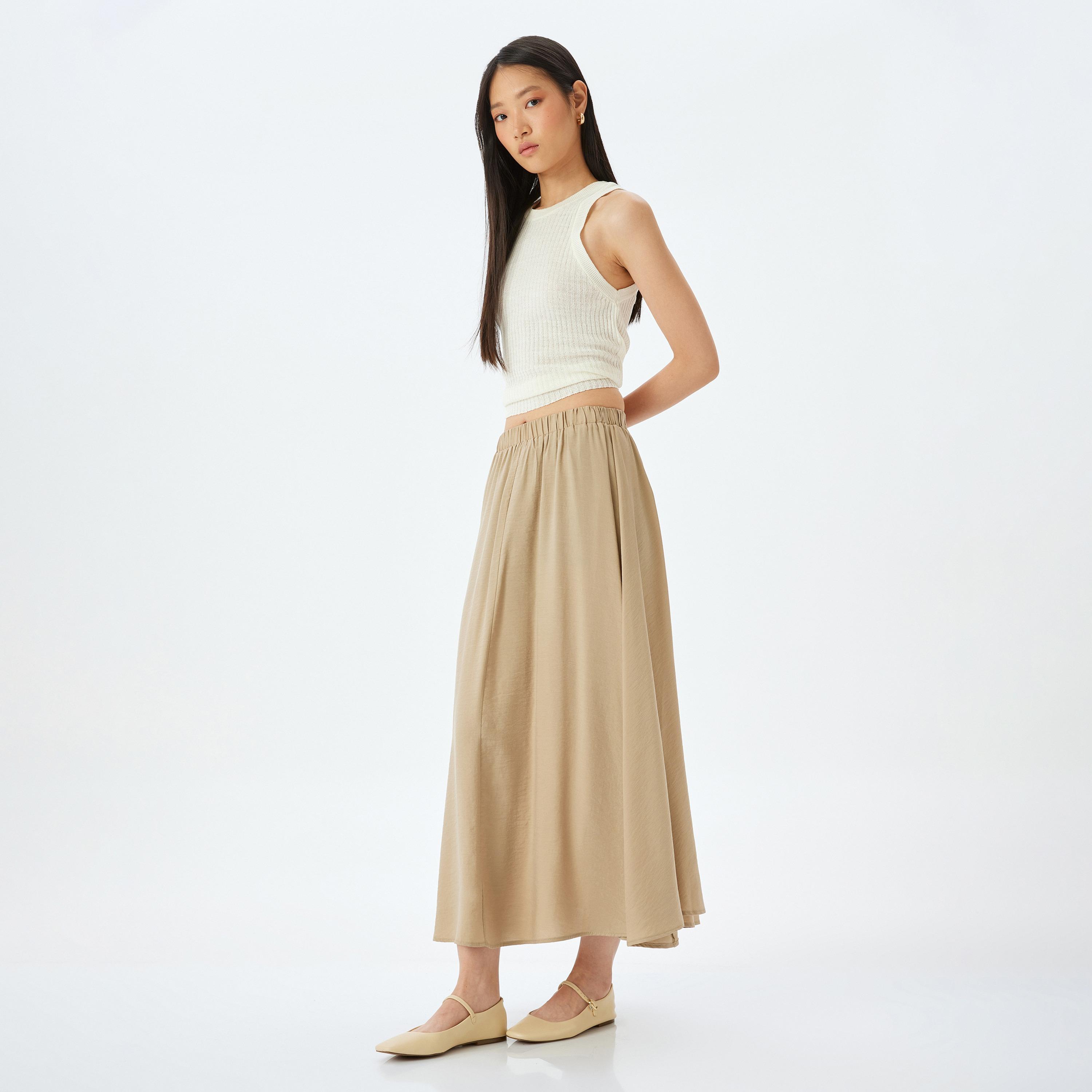 Koton Brown Plain Elasticated Waist Women's Flared Maxi Skirt-women-clothing-bottoms-skirts-image-2