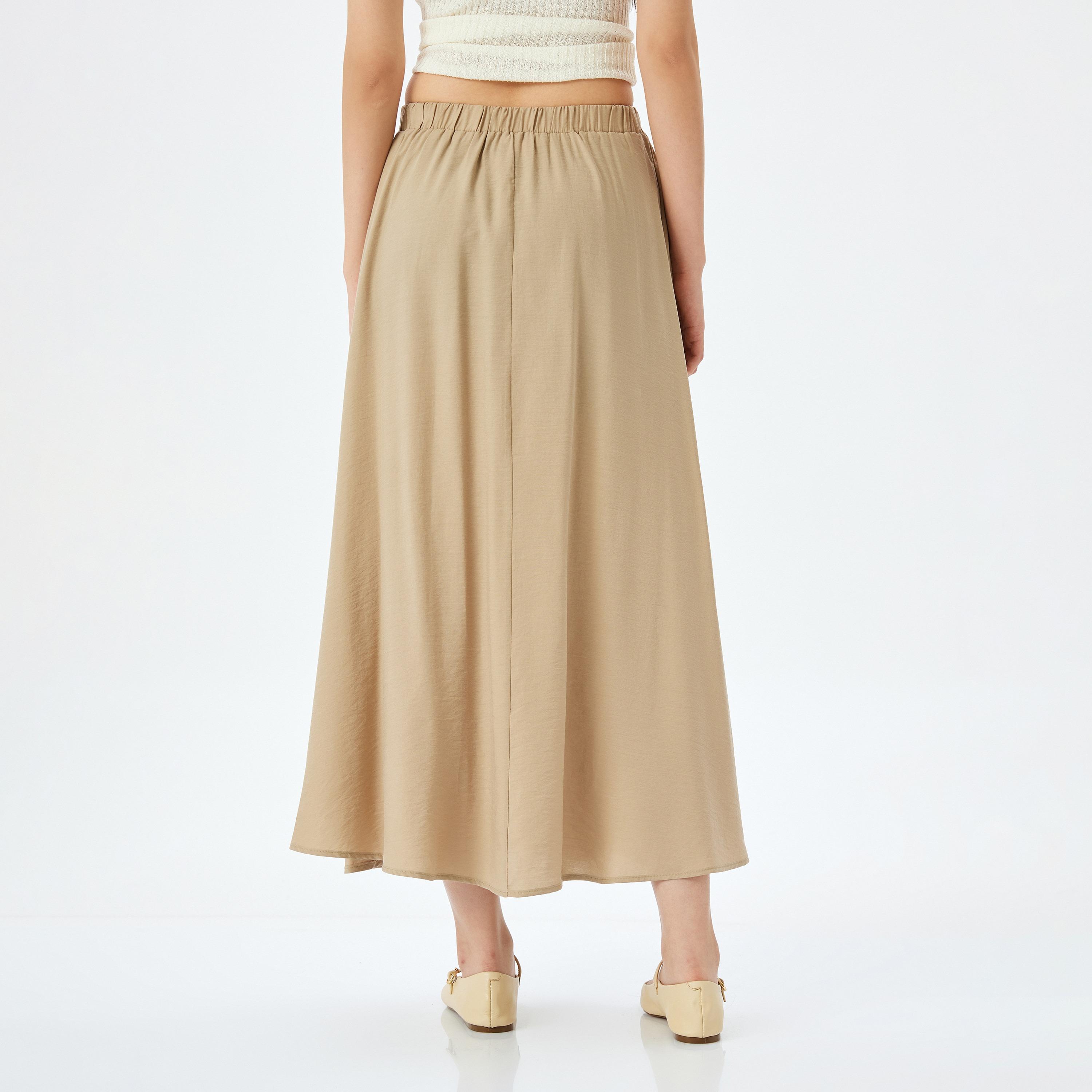 Koton Brown Plain Elasticated Waist Women's Flared Maxi Skirt-women-clothing-bottoms-skirts-image-3