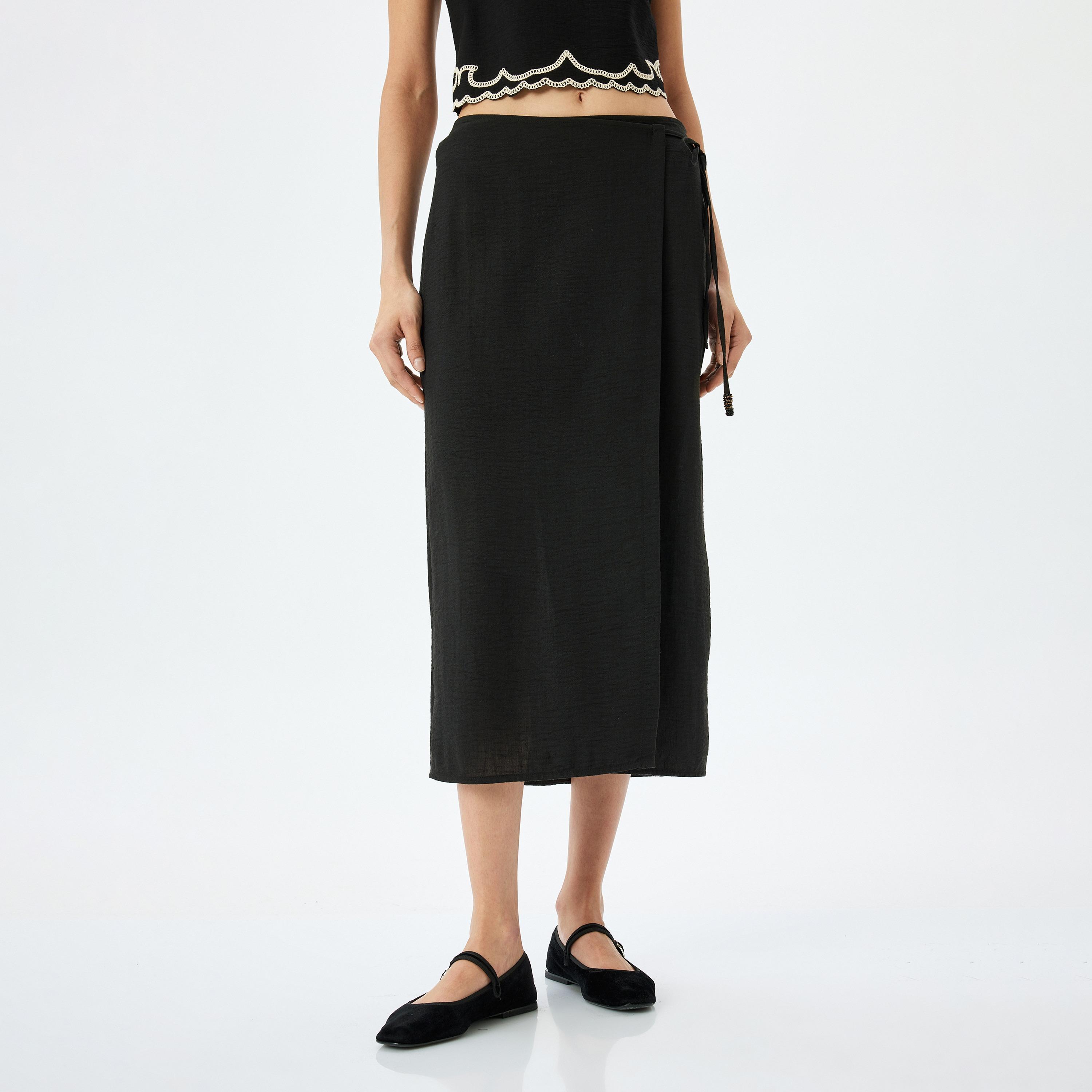 Koton Black Plain Women's Wrap Midi Skirt-women-clothing-bottoms-skirts-image-1