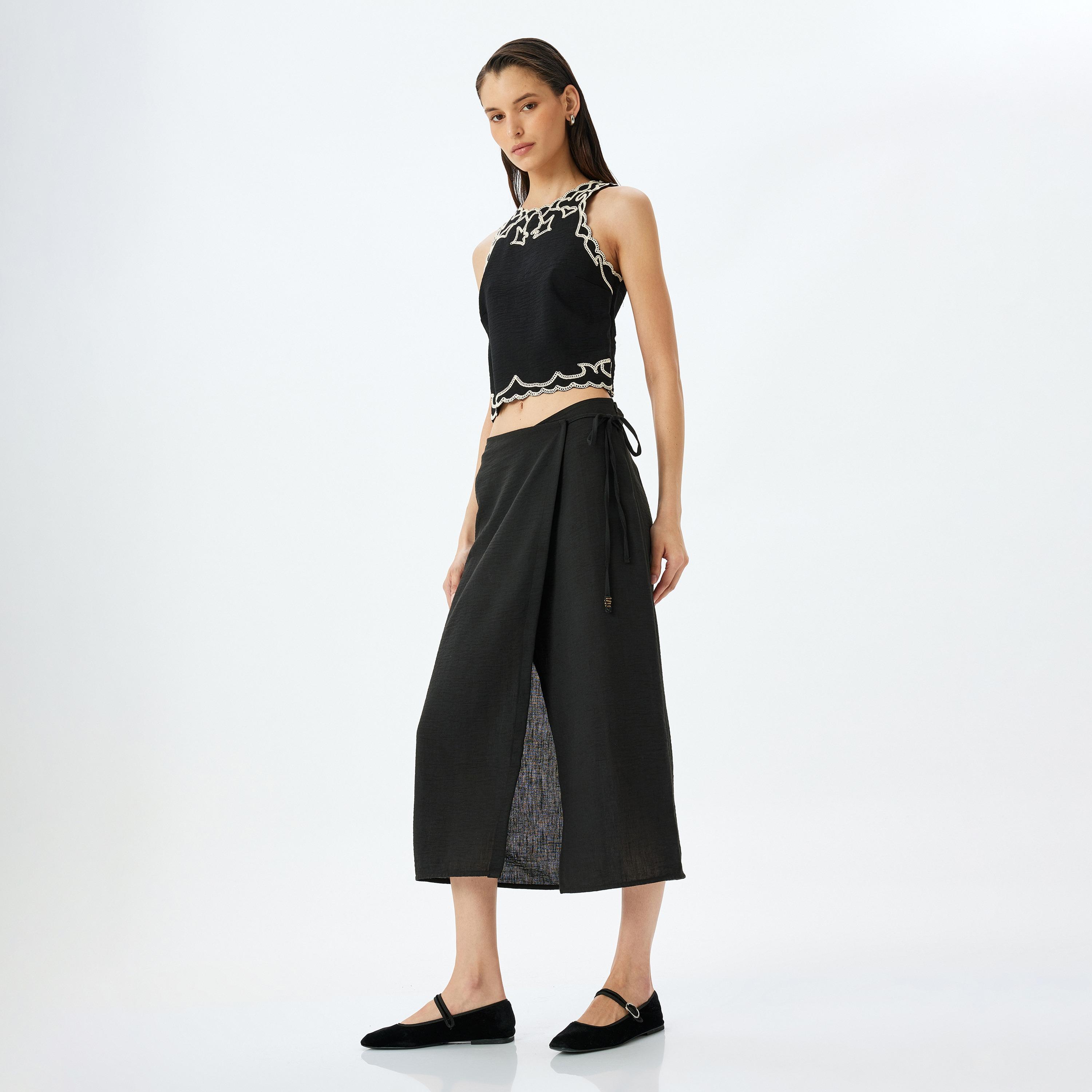 Koton Black Plain Women's Wrap Midi Skirt-women-clothing-bottoms-skirts-image-2
