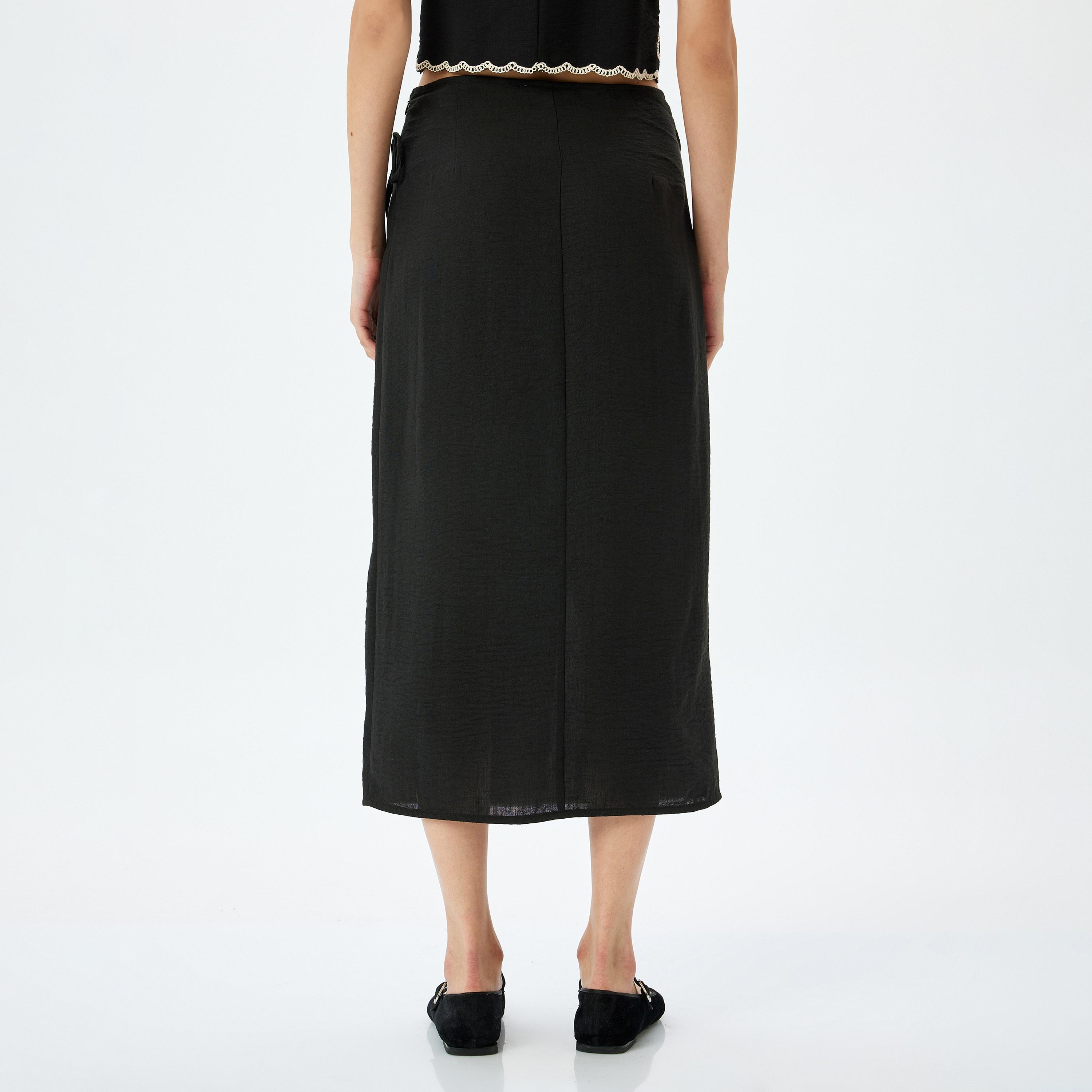 Koton Black Plain Women's Wrap Midi Skirt-women-clothing-bottoms-skirts-image-3