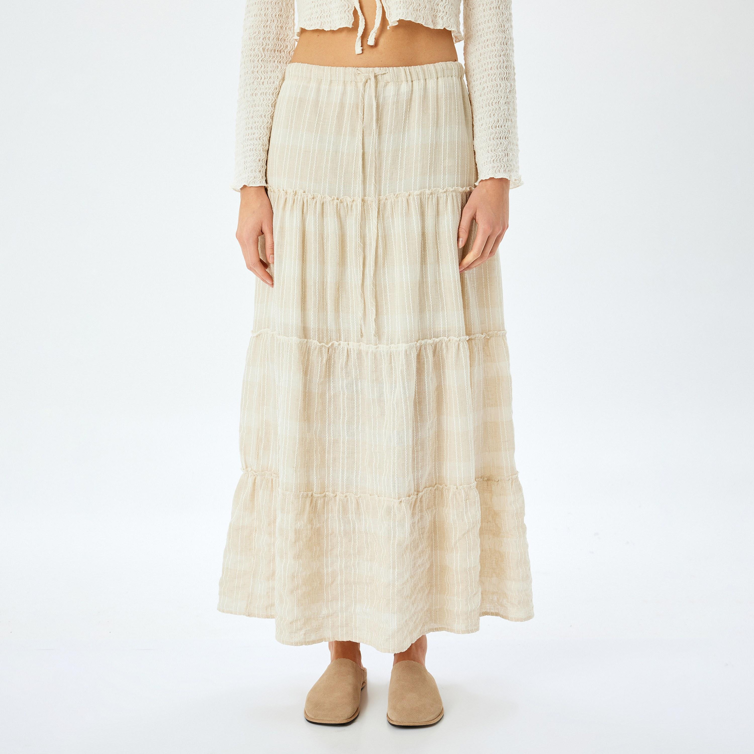 Koton Beige Textured Drawstring Women's Maxi Skirt-women-clothing-bottoms-skirts-image-1