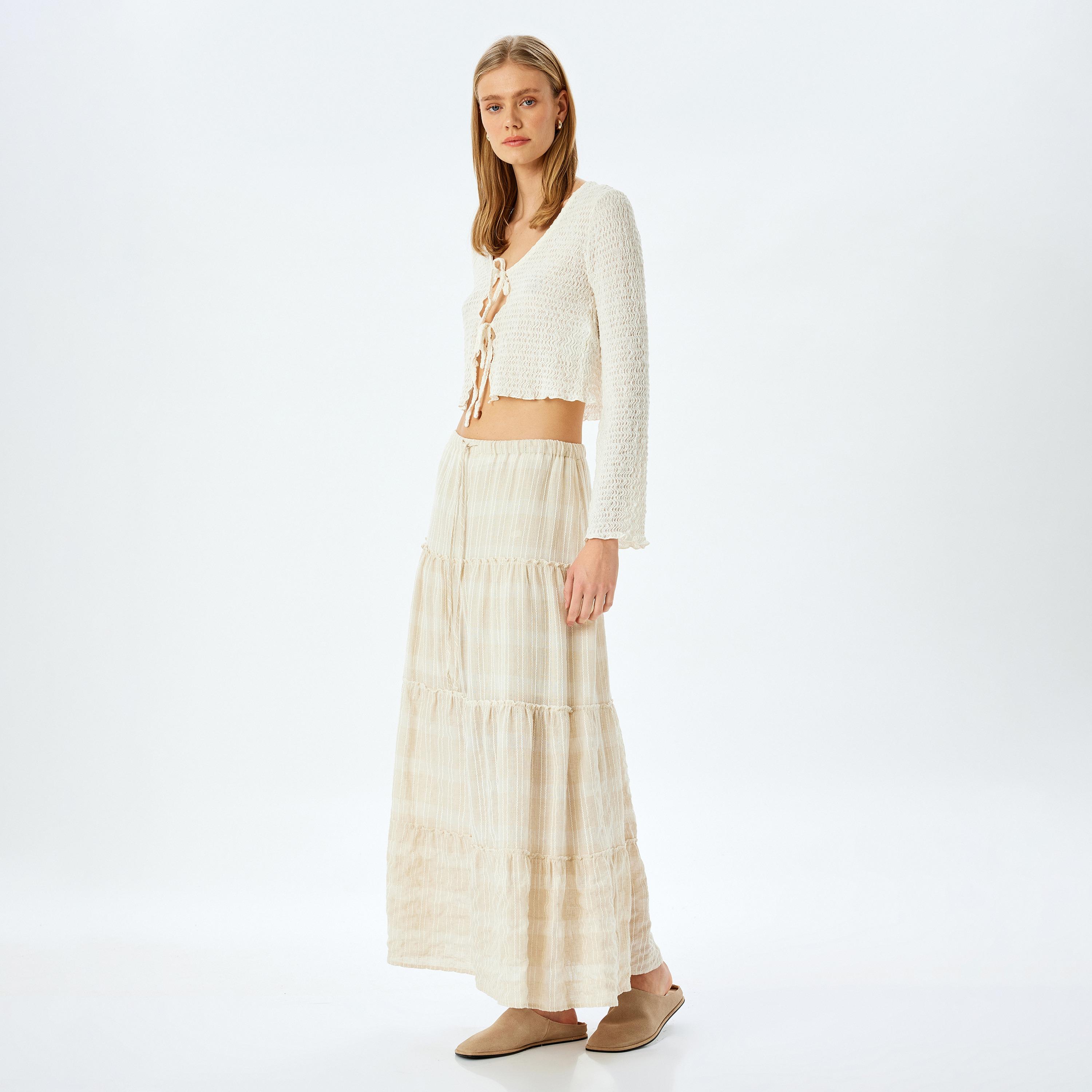 Koton Beige Textured Drawstring Women's Maxi Skirt-women-clothing-bottoms-skirts-image-2