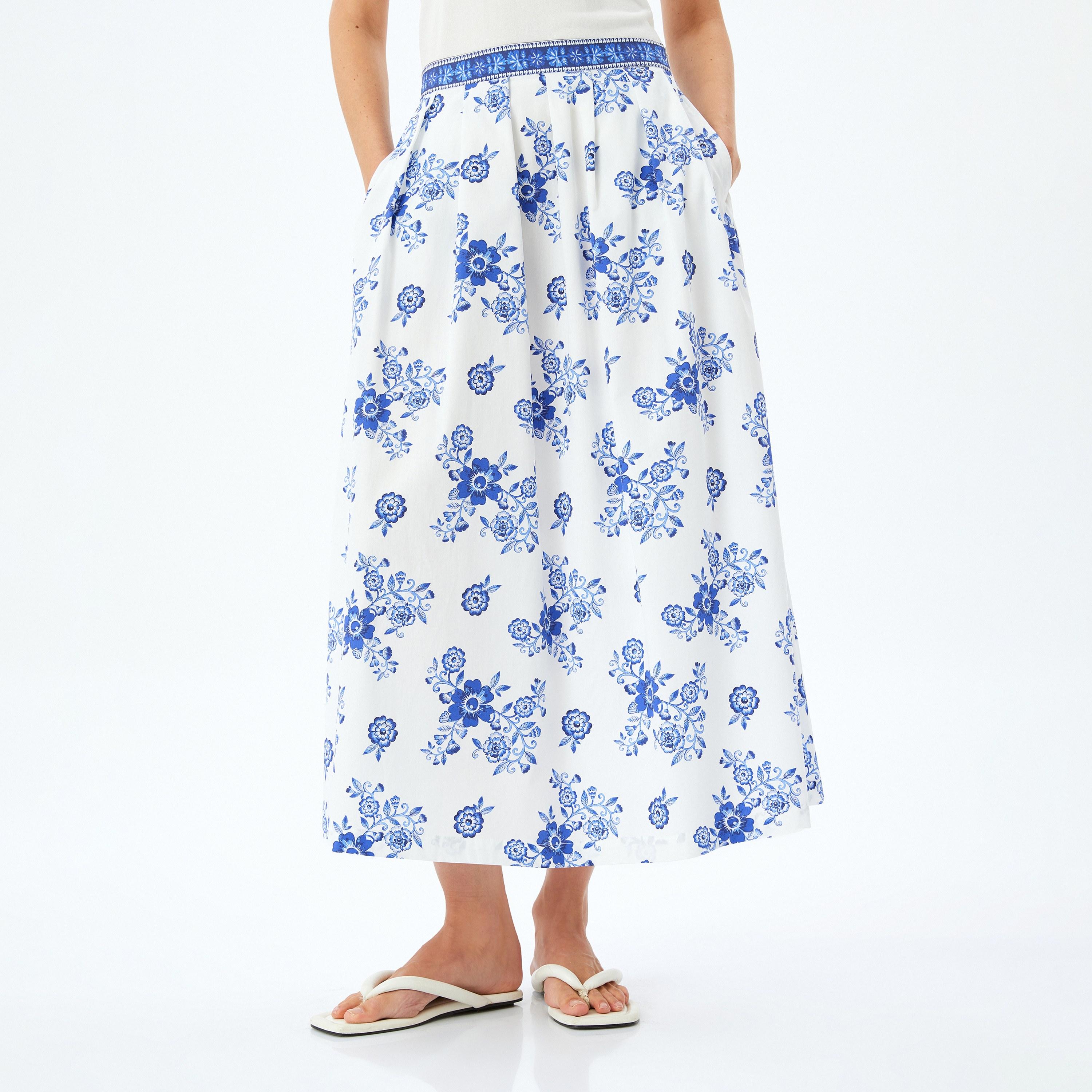 Koton Blue Floral Print Elasticated Waist Women's Midi Skirt-women-clothing-bottoms-skirts-image-1