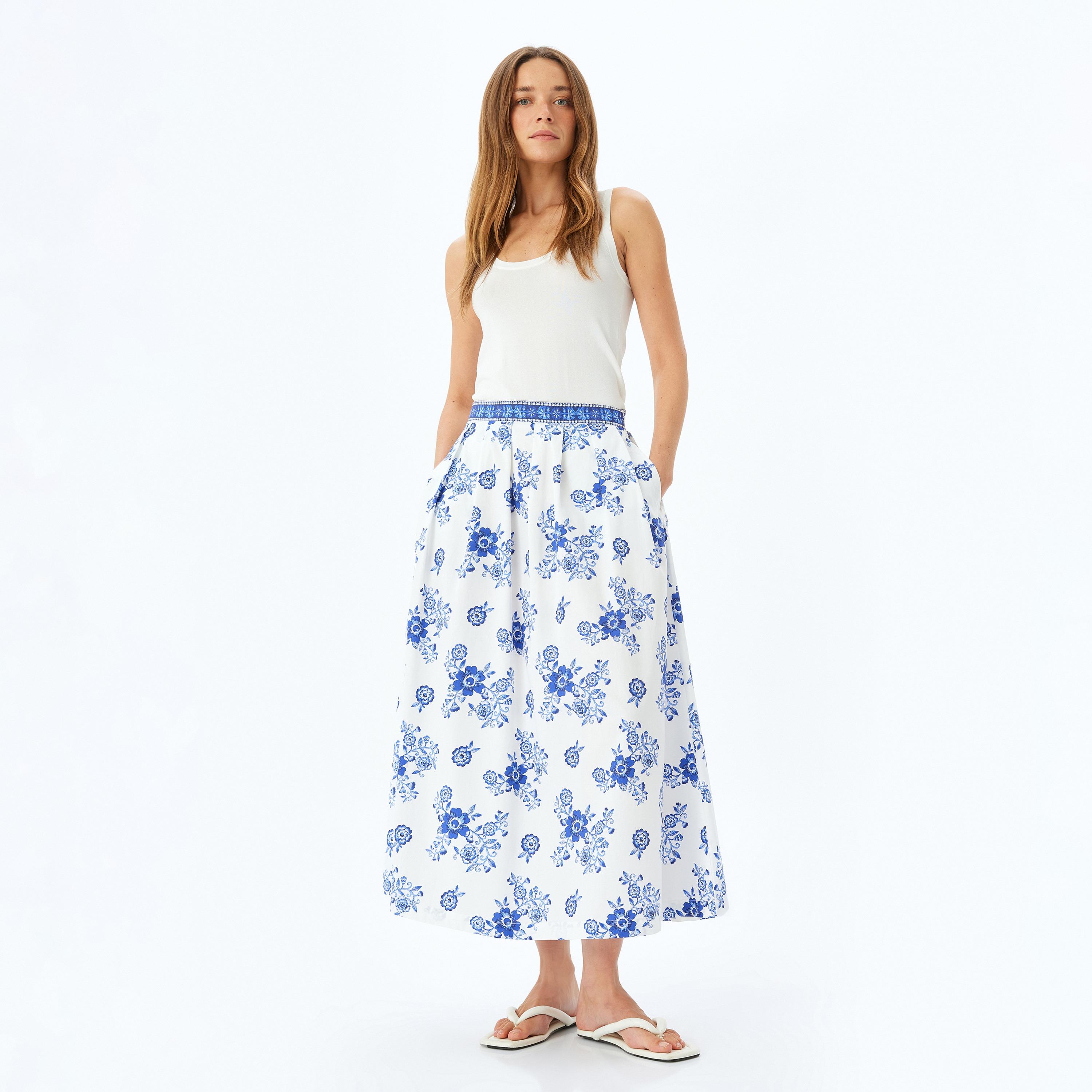 Koton Blue Floral Print Elasticated Waist Women's Midi Skirt-women-clothing-bottoms-skirts-image-2