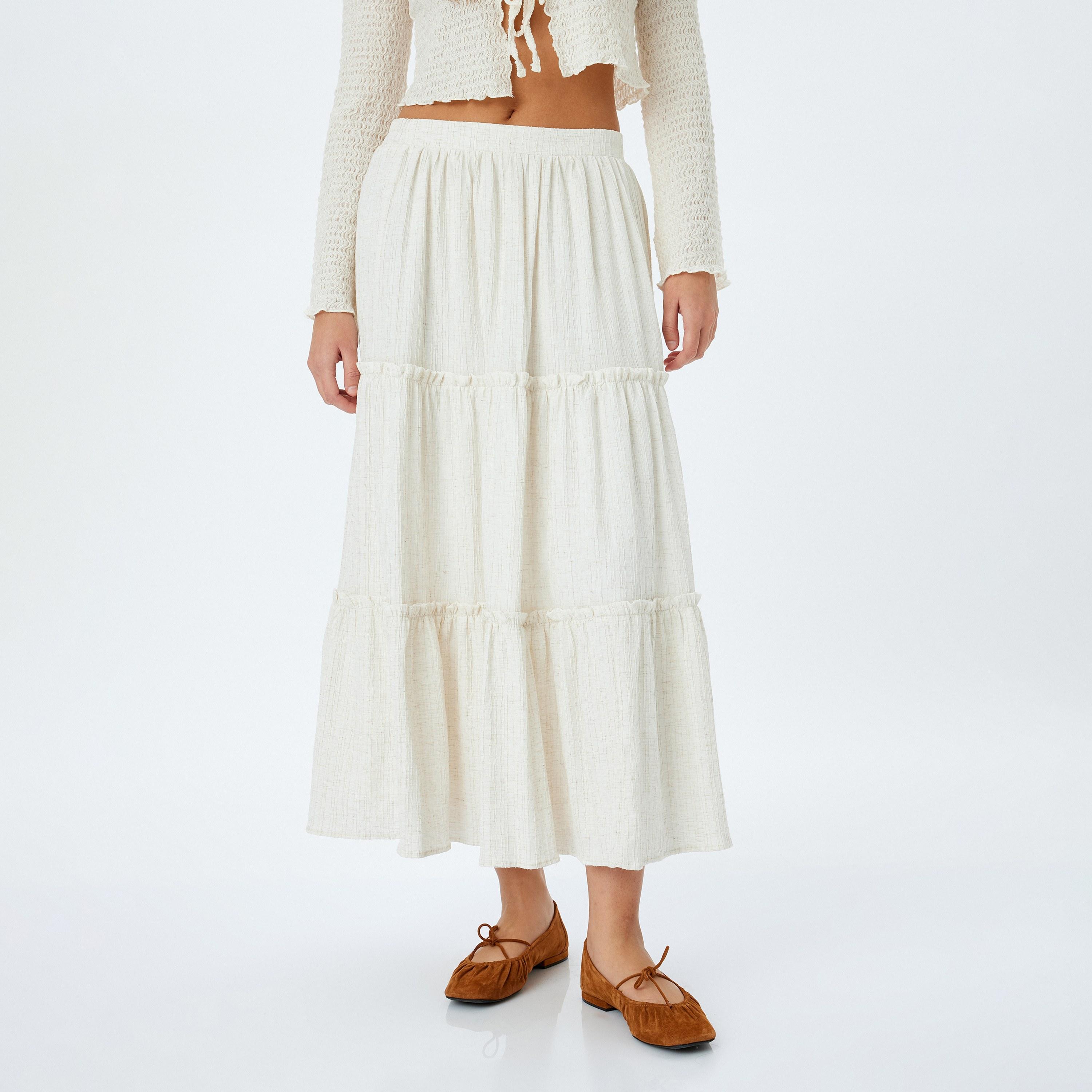 Koton White Textured Elasticated Waist Women's Midi Skirt-women-clothing-bottoms-skirts-image-1