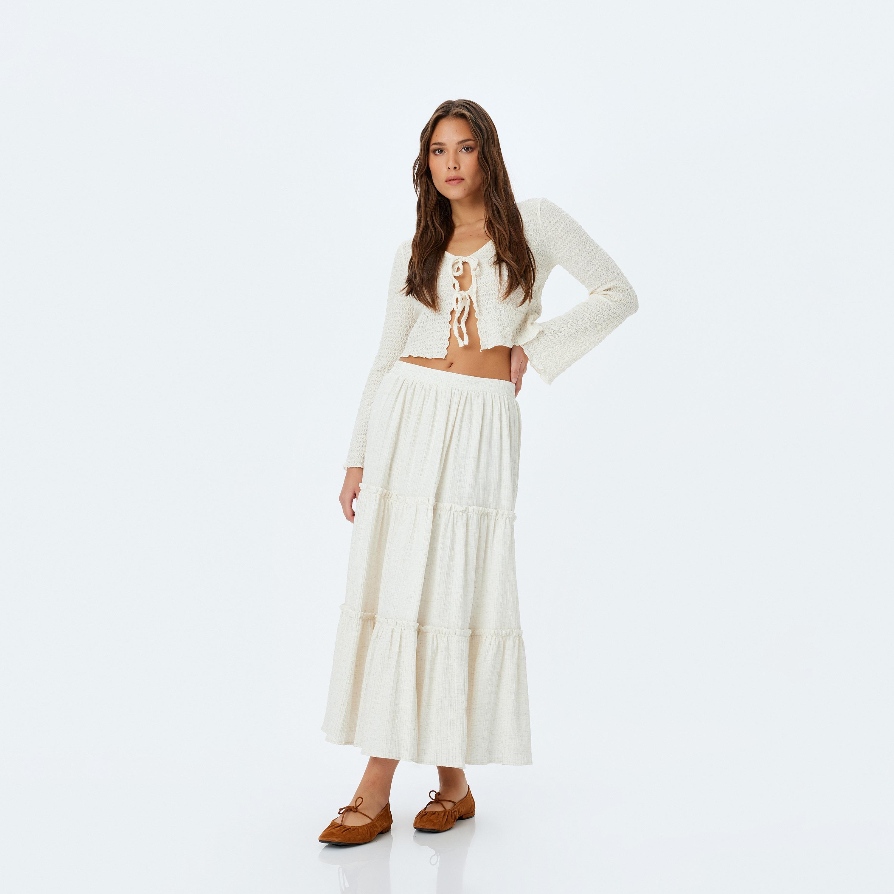 Koton White Textured Elasticated Waist Women's Midi Skirt-women-clothing-bottoms-skirts-image-2