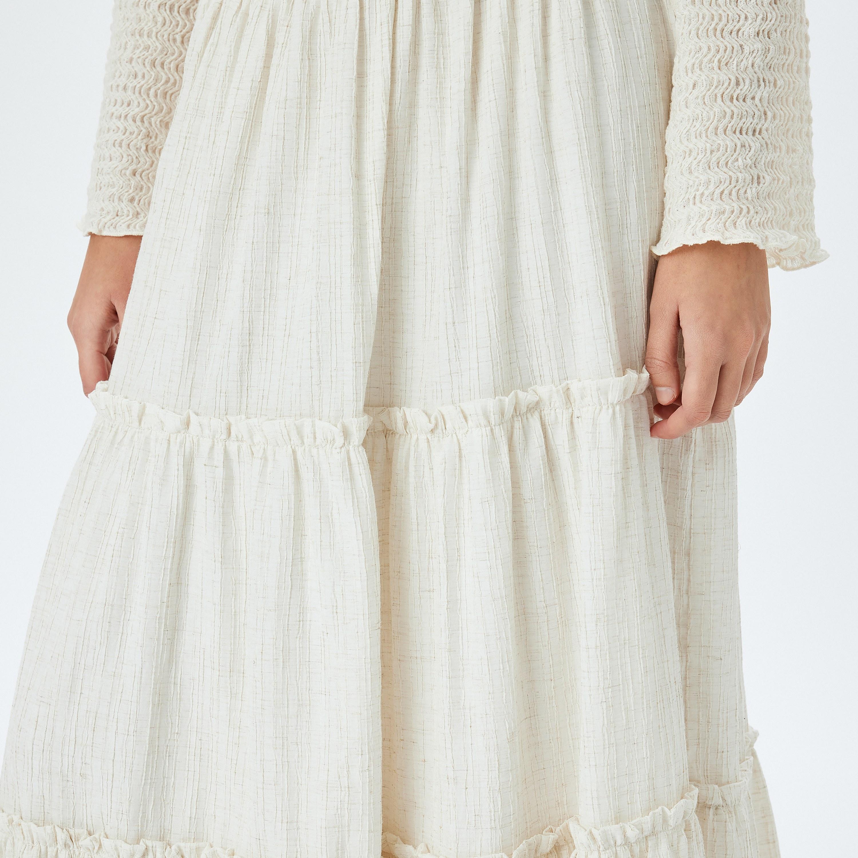 Koton White Textured Elasticated Waist Women's Midi Skirt-women-clothing-bottoms-skirts-image-4