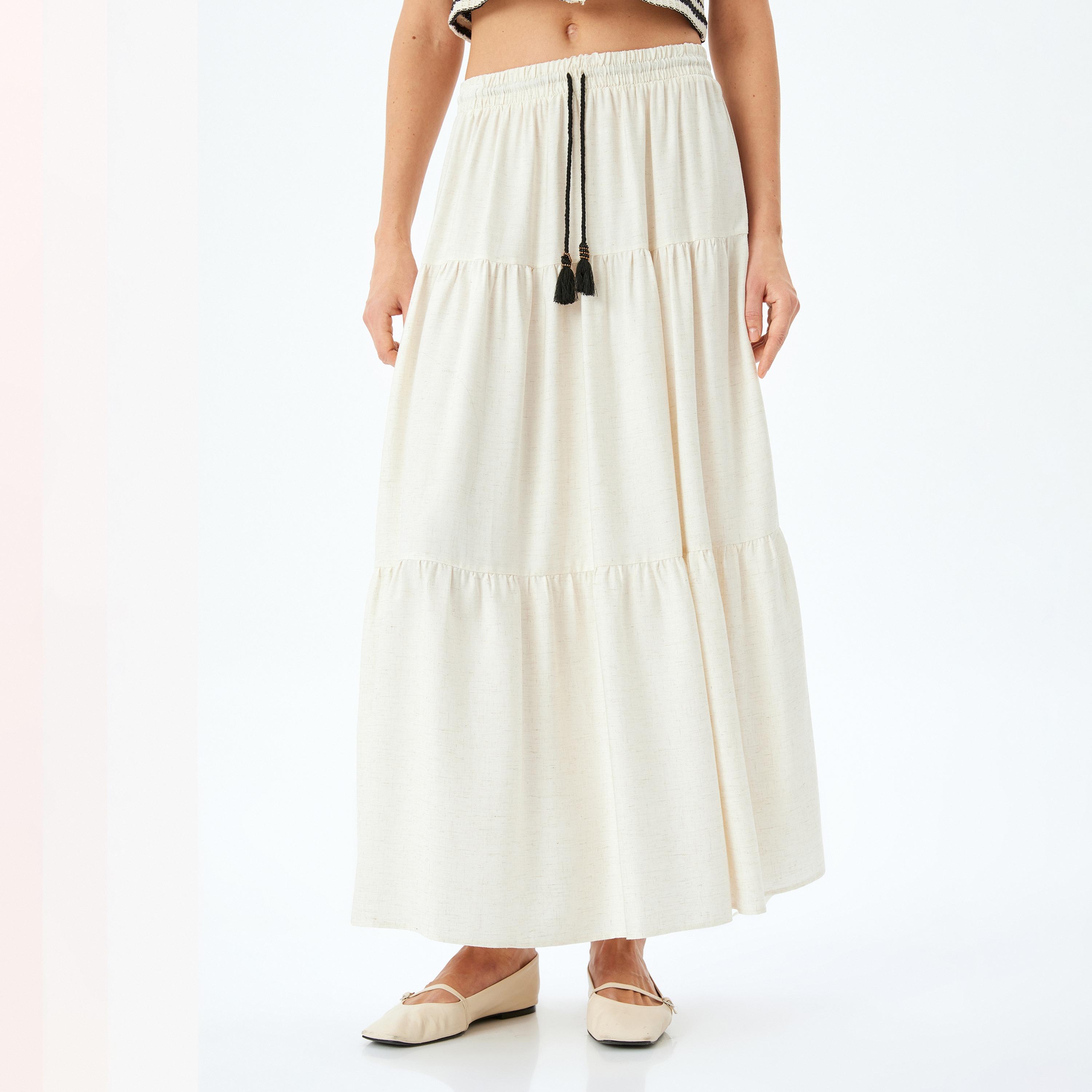 Koton White Plain Drawstring Women's Maxi Skirt-women-clothing-bottoms-skirts-image-1
