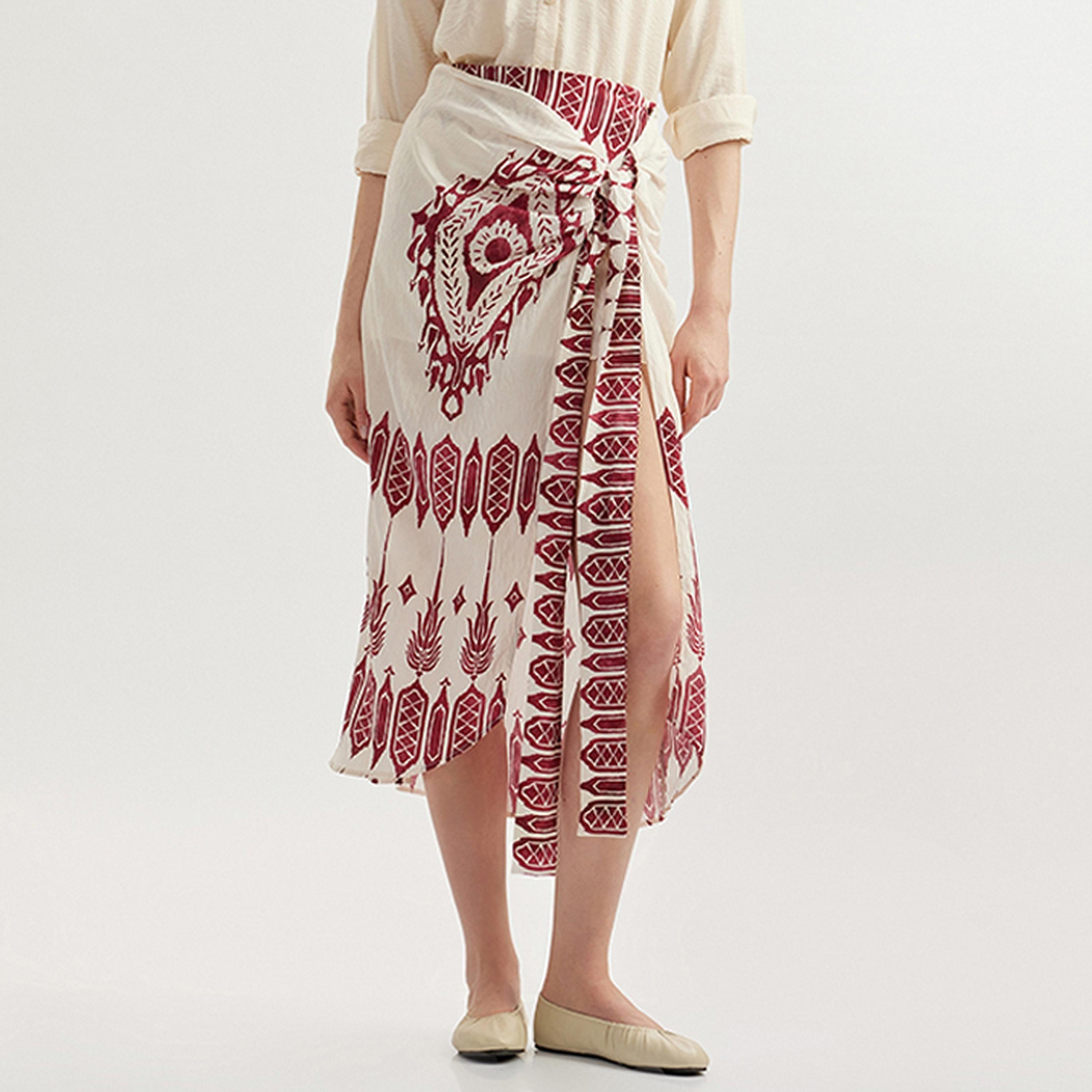تنورة ميدي نسائية بلفة بطبعة عرقية من كوتون.-women-clothing-bottoms-skirts-image-1