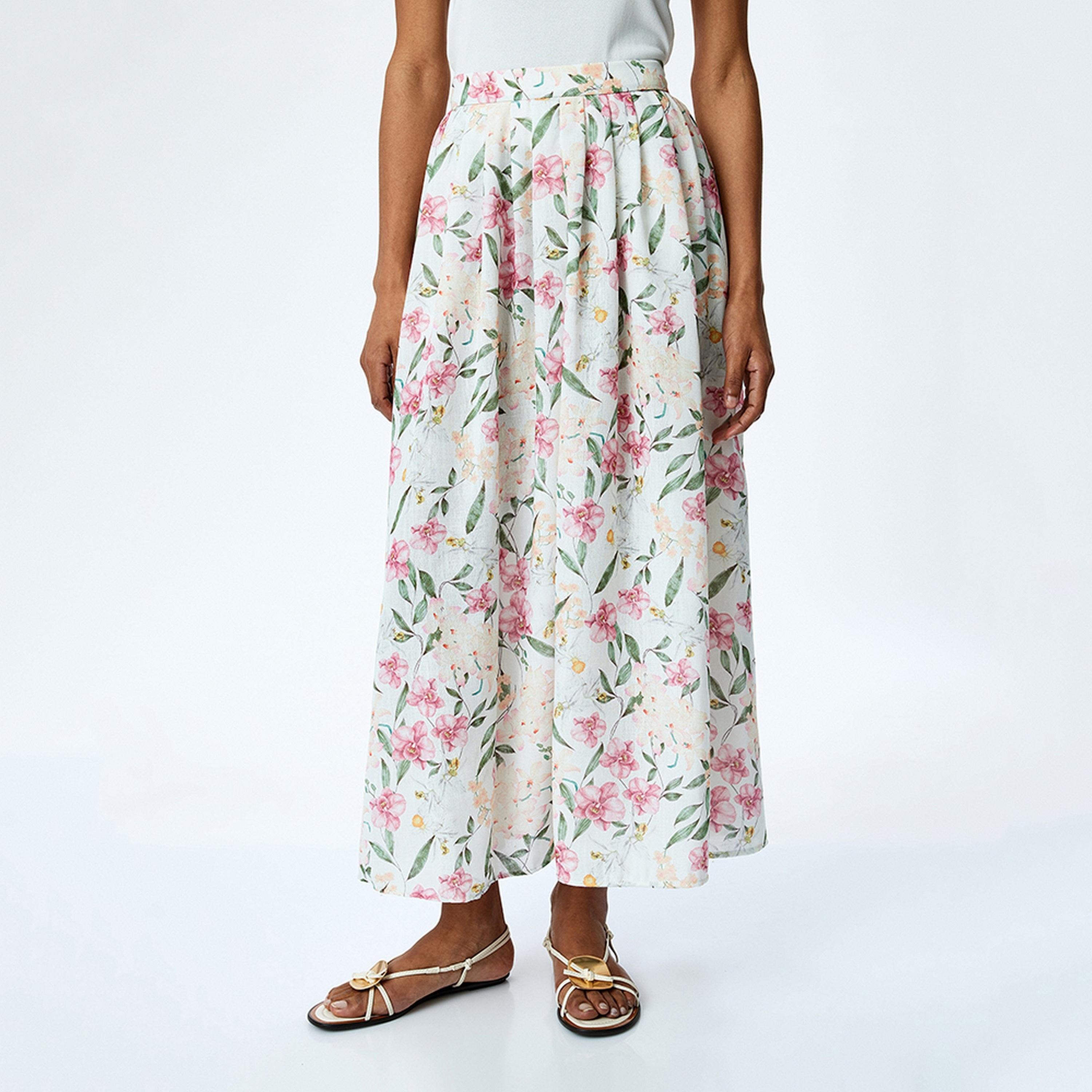 KOTON Floral Print & Pleated Slit Women's Maxi Skirt-women-clothing-bottoms-skirts-image-1