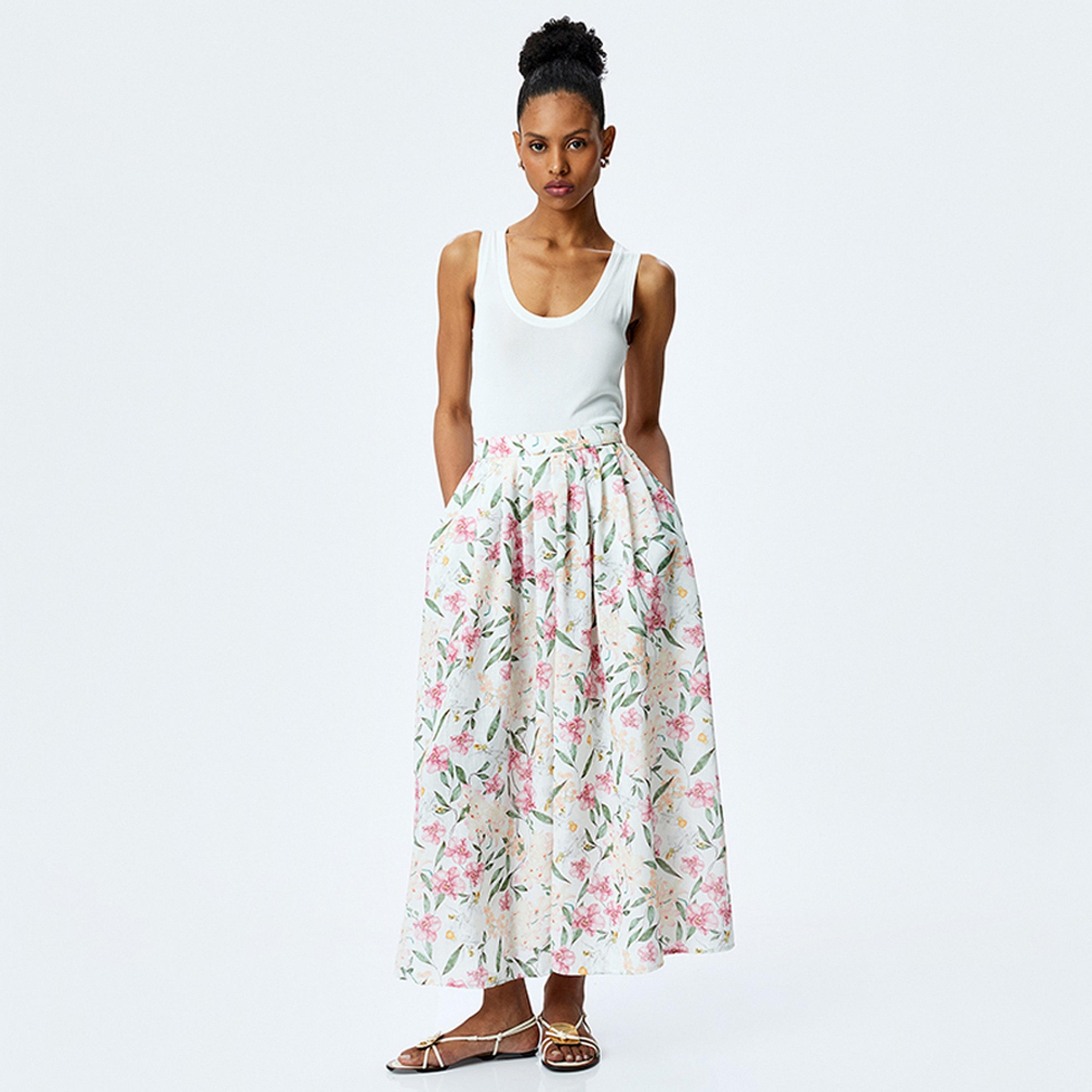 KOTON Floral Print & Pleated Slit Women's Maxi Skirt-women-clothing-bottoms-skirts-image-2