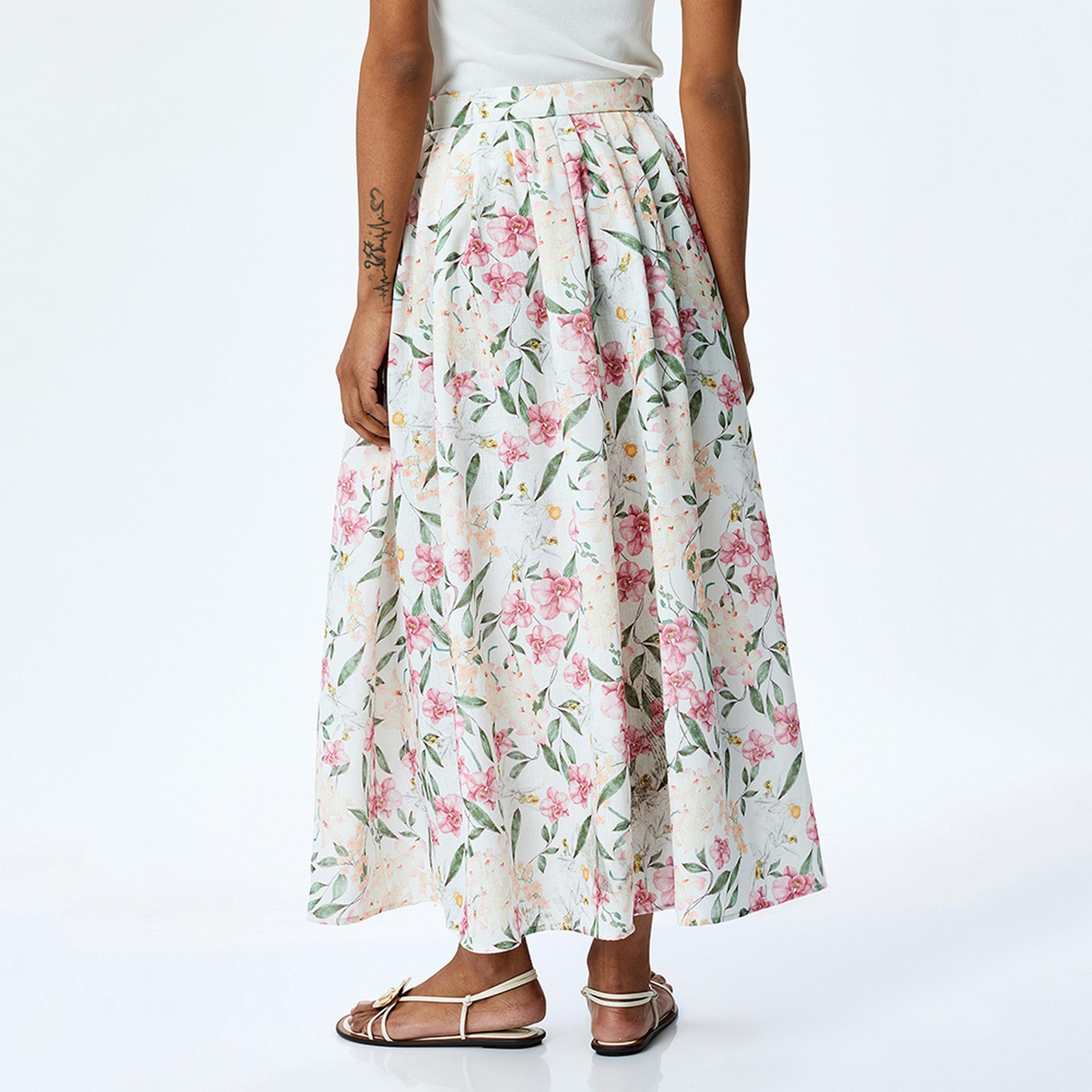 KOTON Floral Print & Pleated Slit Women's Maxi Skirt-women-clothing-bottoms-skirts-image-3