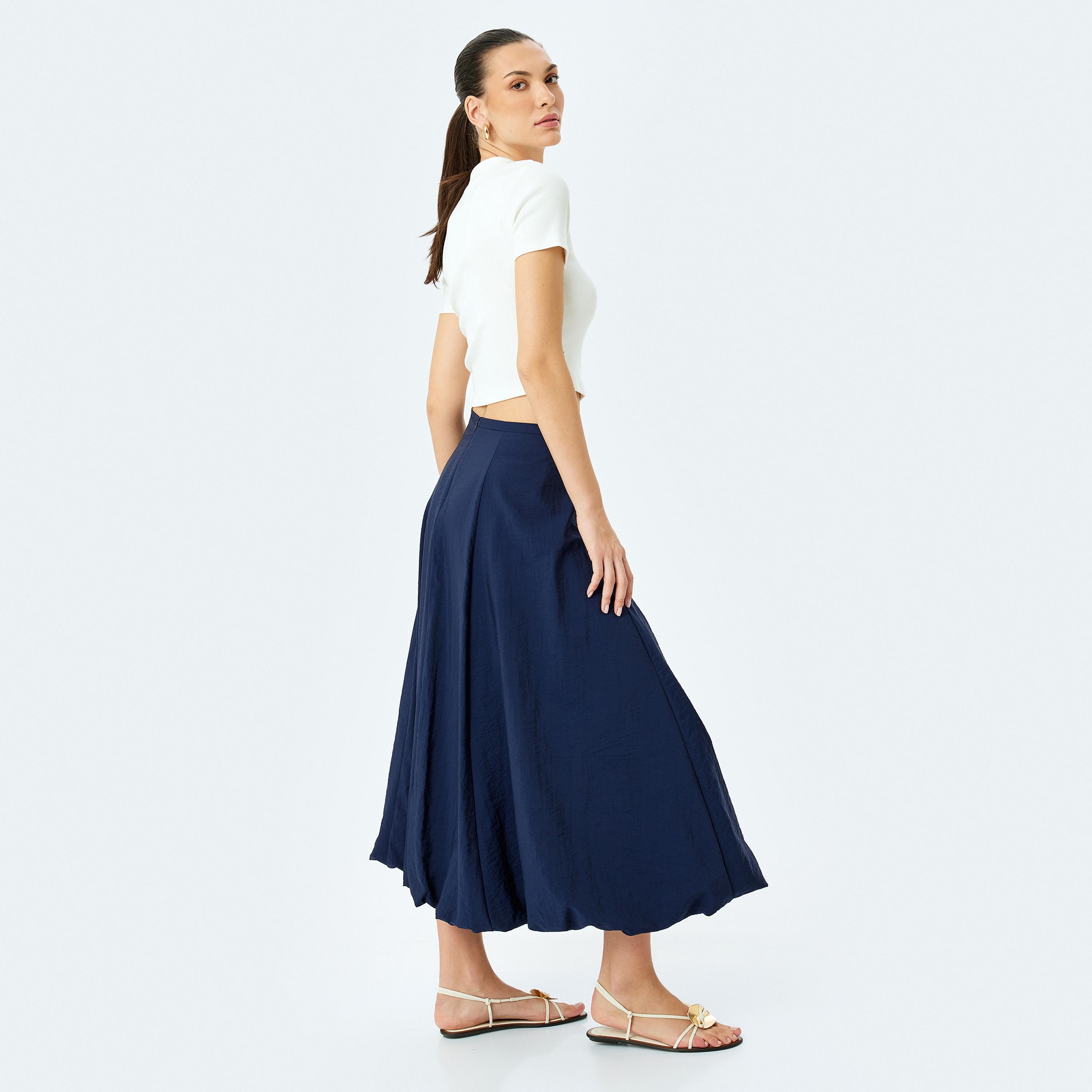Koton Dark Blue Plain Concealed Zip Women's Midi Skirt-women-clothing-bottoms-skirts-image-2