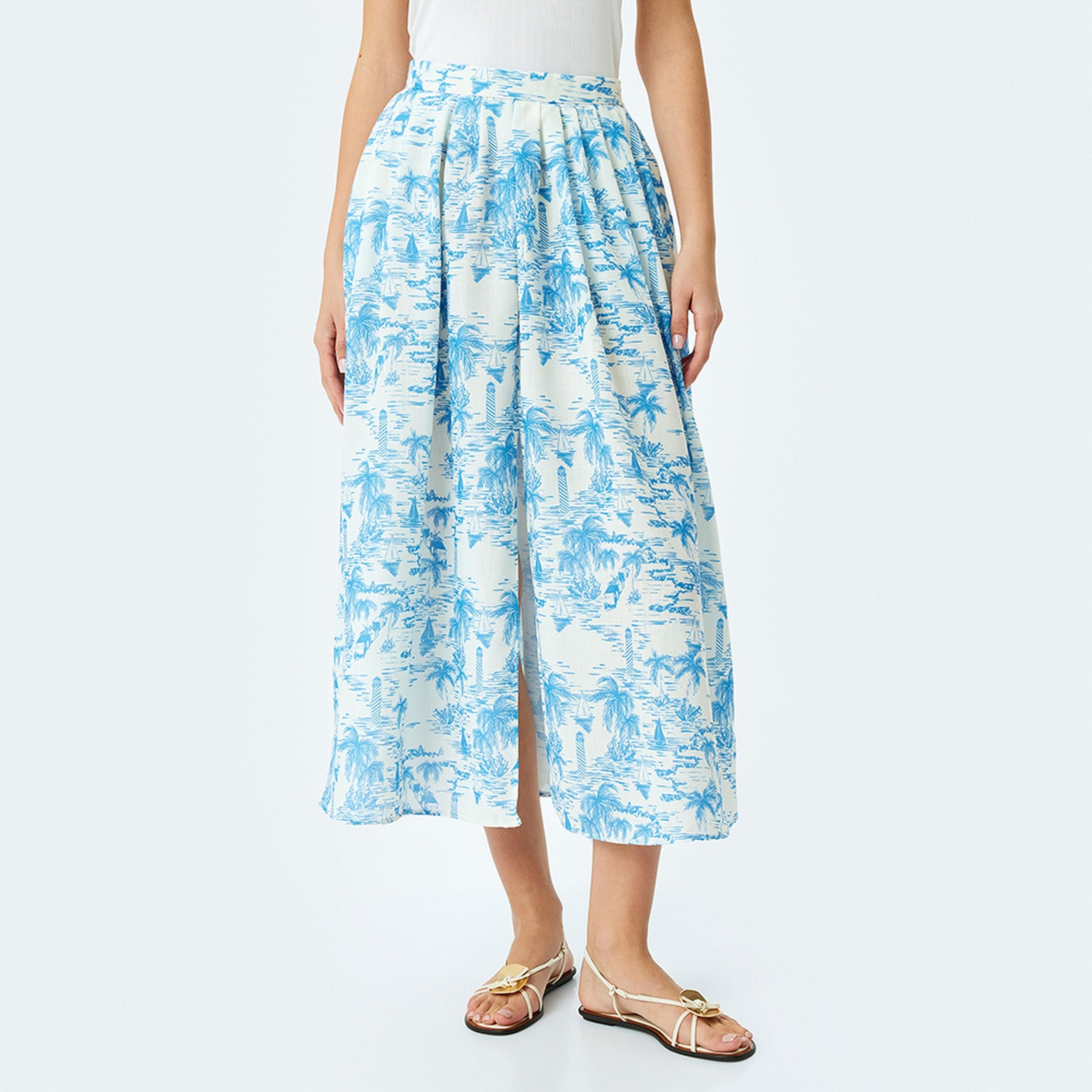 KOTON Tropical Print Slit Women's Midi Skirt-women-clothing-bottoms-skirts-image-1