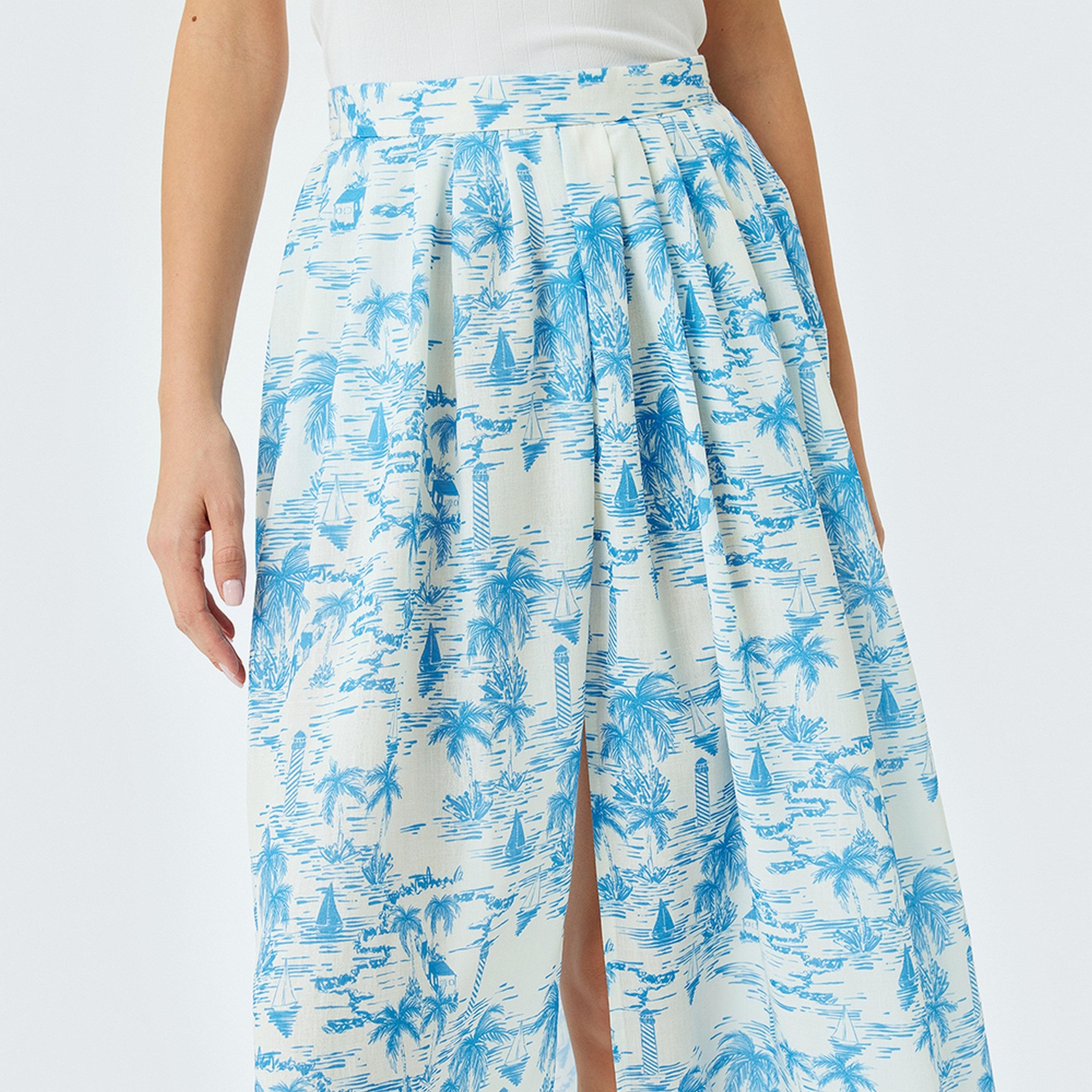 KOTON Tropical Print Slit Women's Midi Skirt-women-clothing-bottoms-skirts-image-5